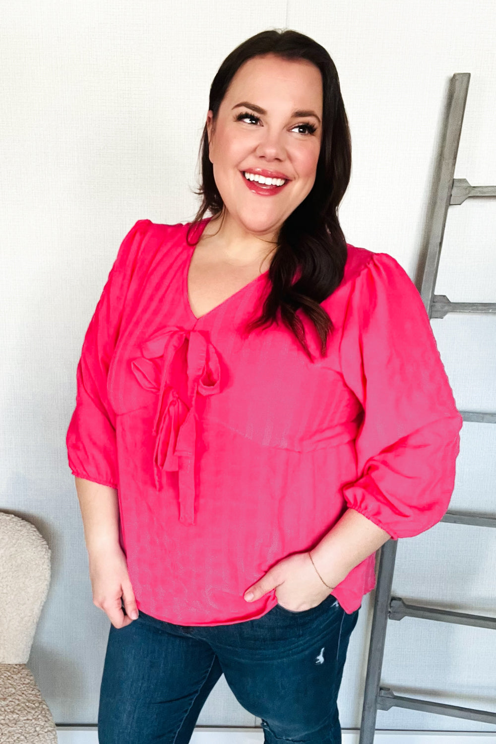 Stay With Me Pink V Neck Ribbon Bow Babydoll Woven Blouse - Charming Charlie