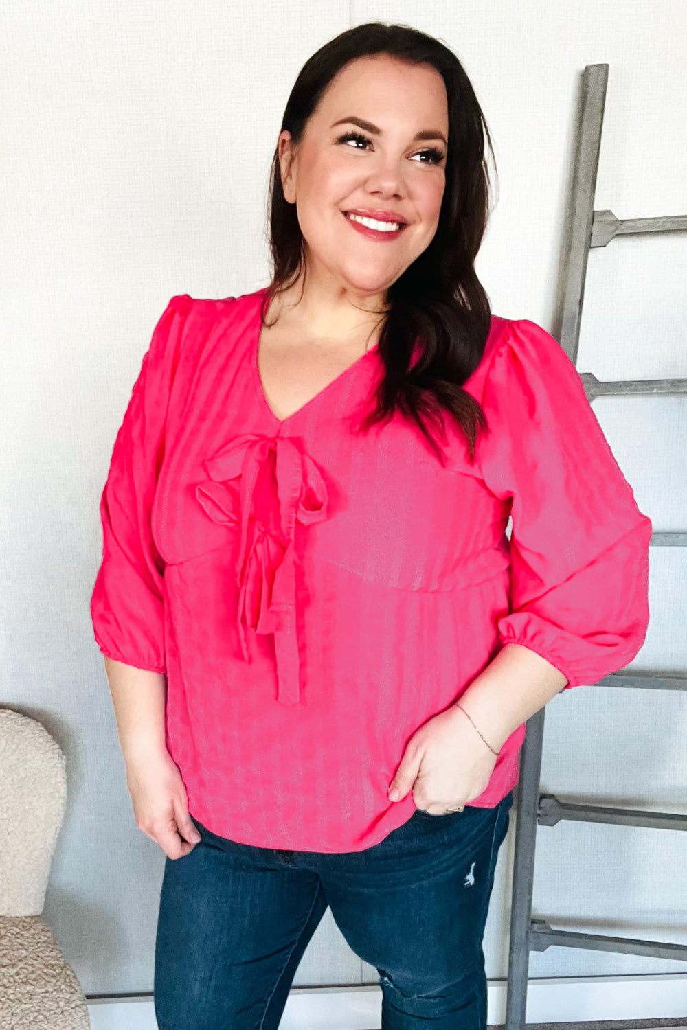 Stay With Me Pink V Neck Ribbon Bow Babydoll Woven Blouse - Charming Charlie