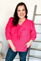 Stay With Me Pink V Neck Ribbon Bow Babydoll Woven Blouse - Charming Charlie