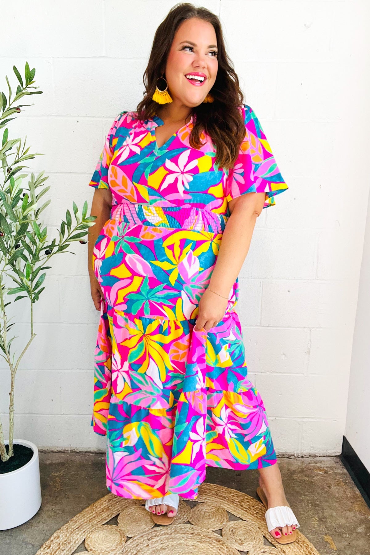 Tropical Trance Fuchsia Floral Smocked Waist Maxi Dress – Charming