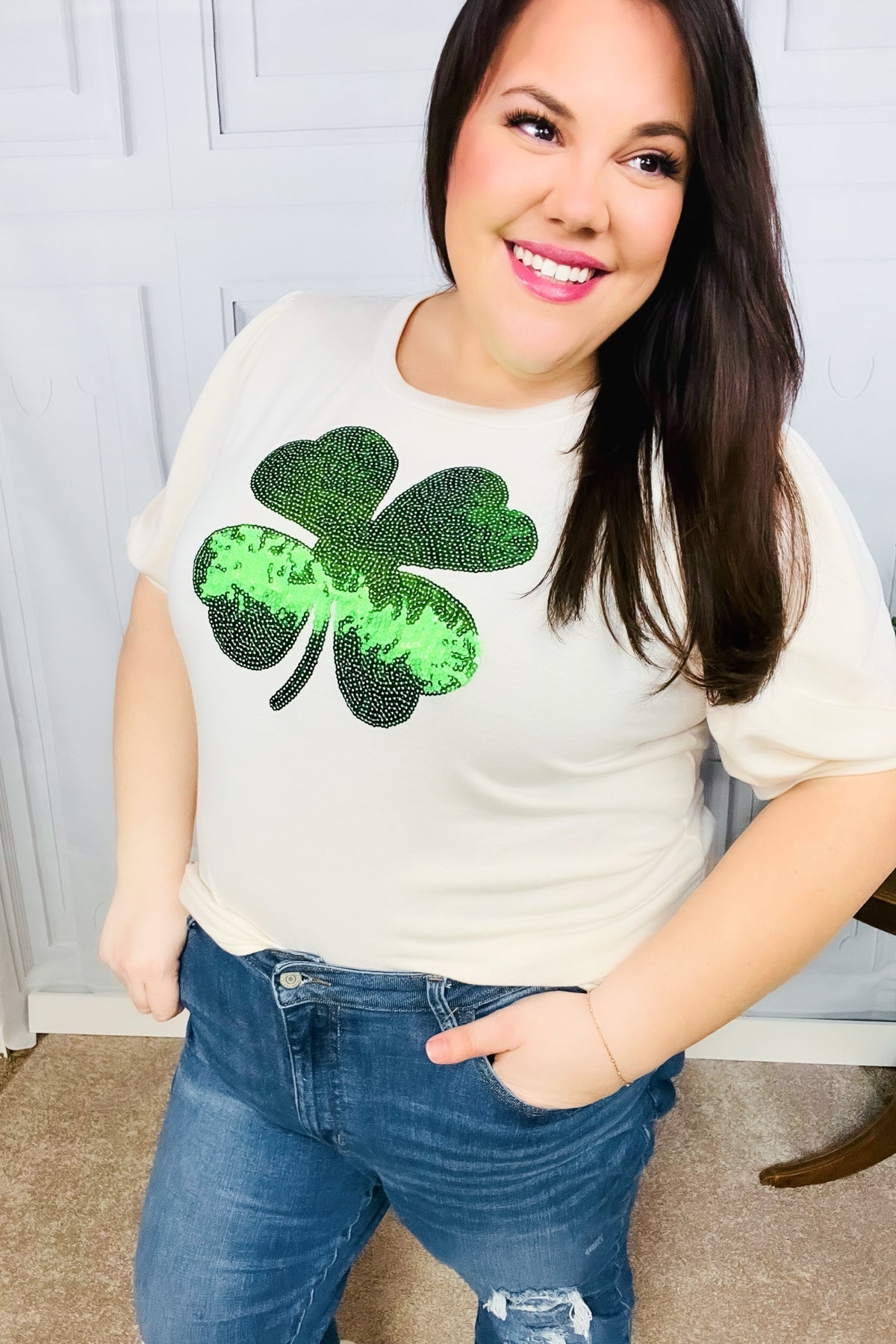 Saint Patty Sequin Clover French Terry Puff Sleeve Top - Charming Charlie