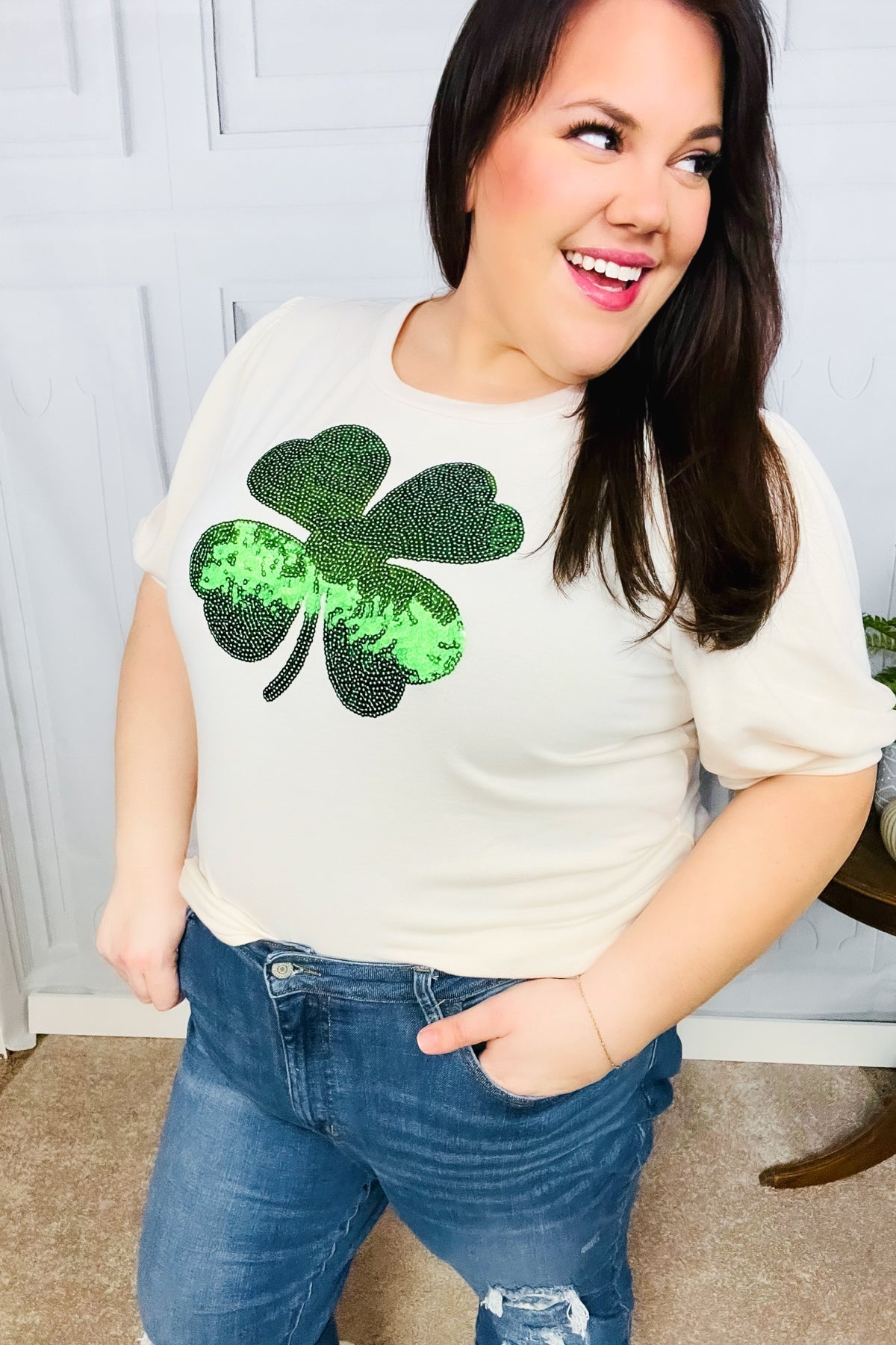 Saint Patty Sequin Clover French Terry Puff Sleeve Top - Charming Charlie