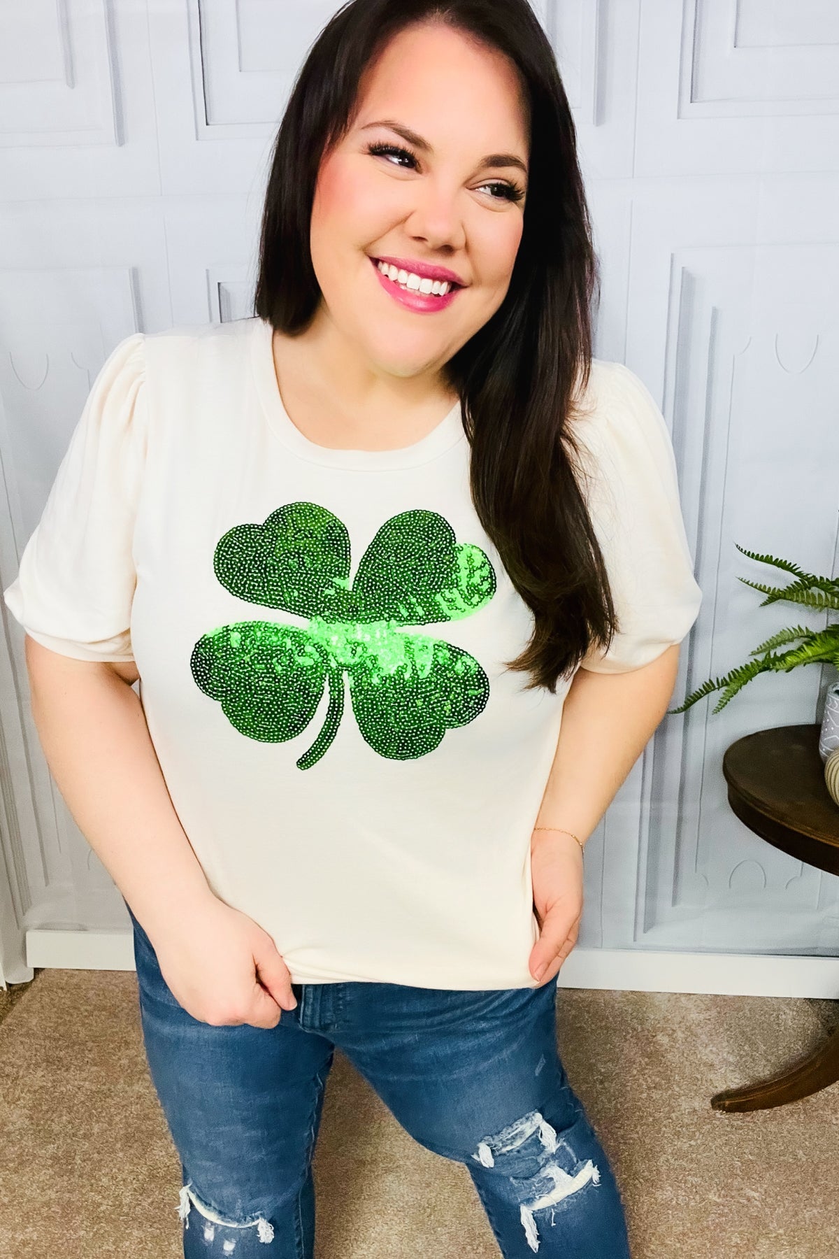 Saint Patty Sequin Clover French Terry Puff Sleeve Top - Charming Charlie