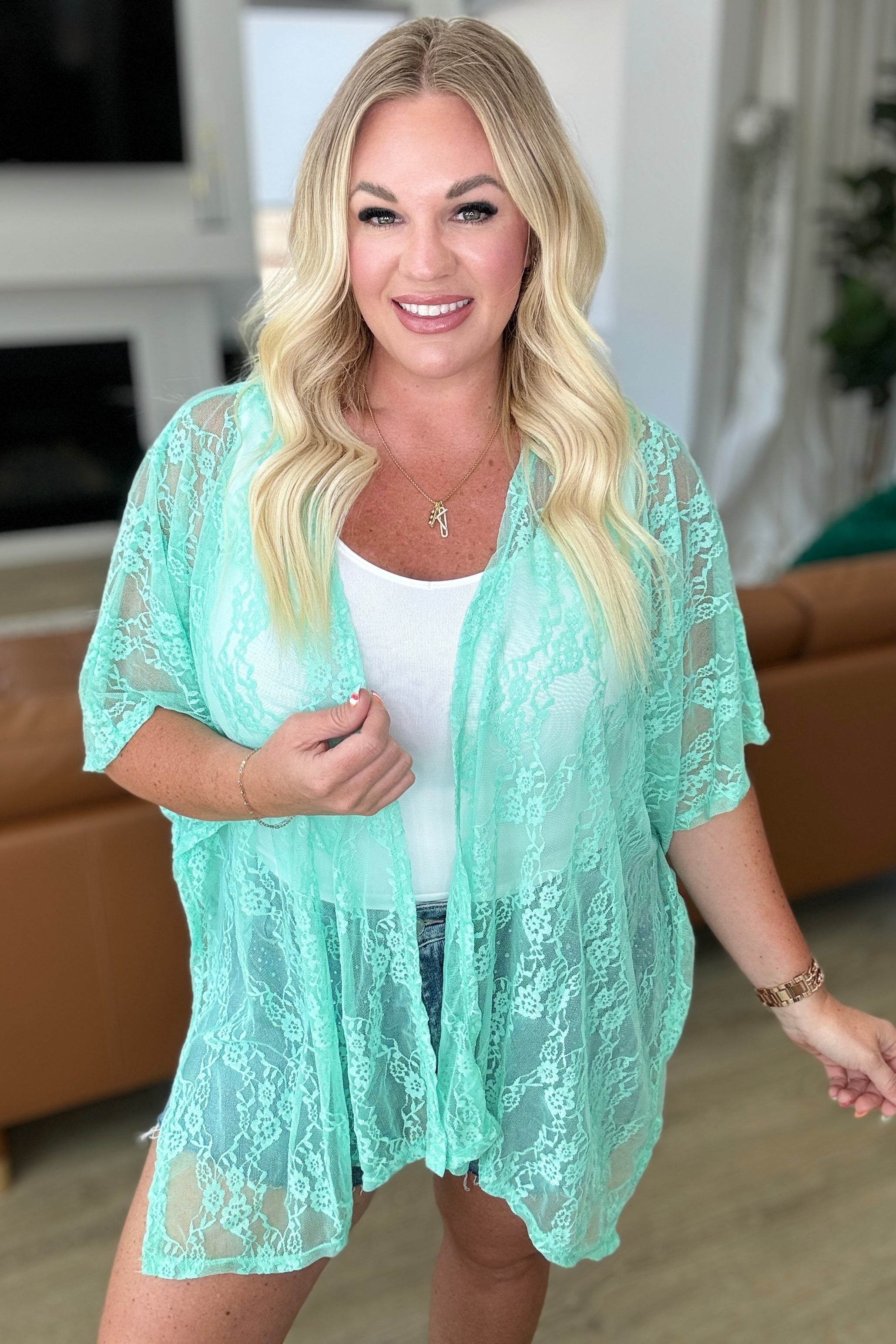 Good Days Ahead Lace Kimono In Mint - Charming Charlie