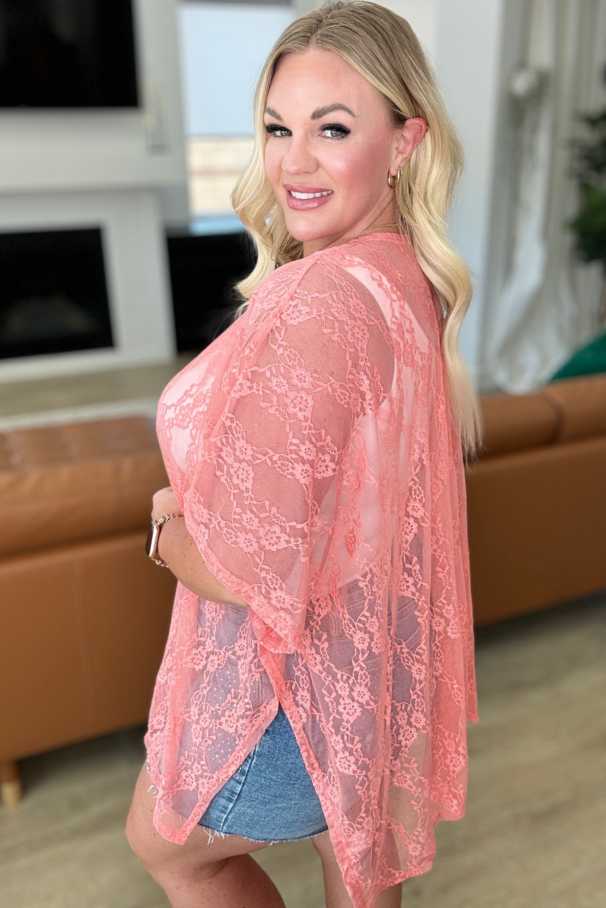 Good Days Ahead Lace Kimono In Coral - Charming Charlie
