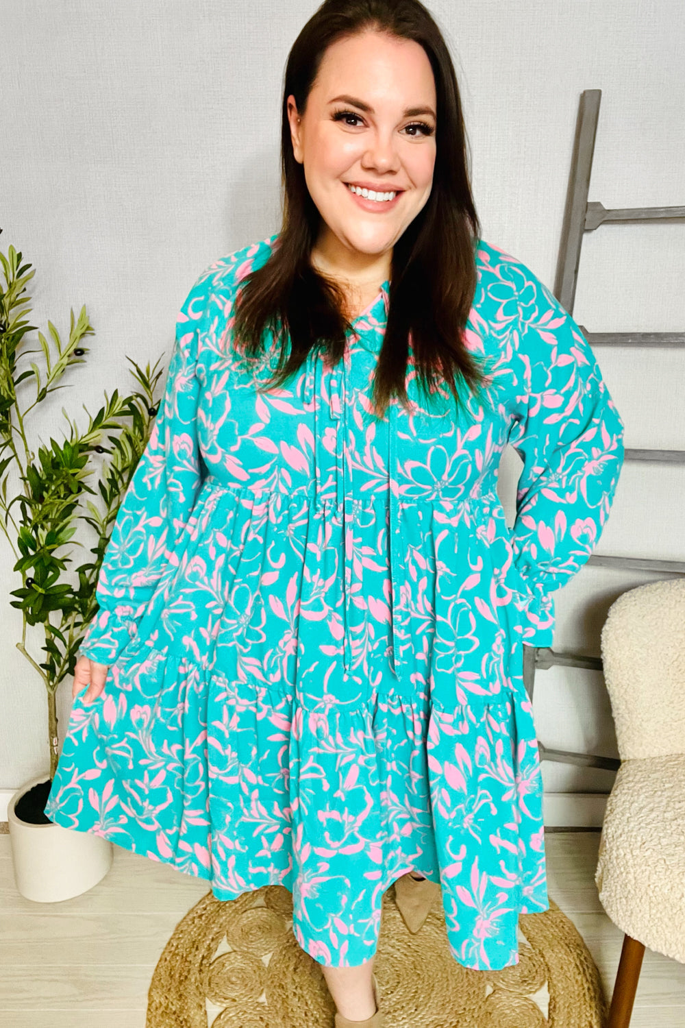 Boho Romance Mint Floral Print Front Ribbon Bow Tiered Dress - Charming Charlie