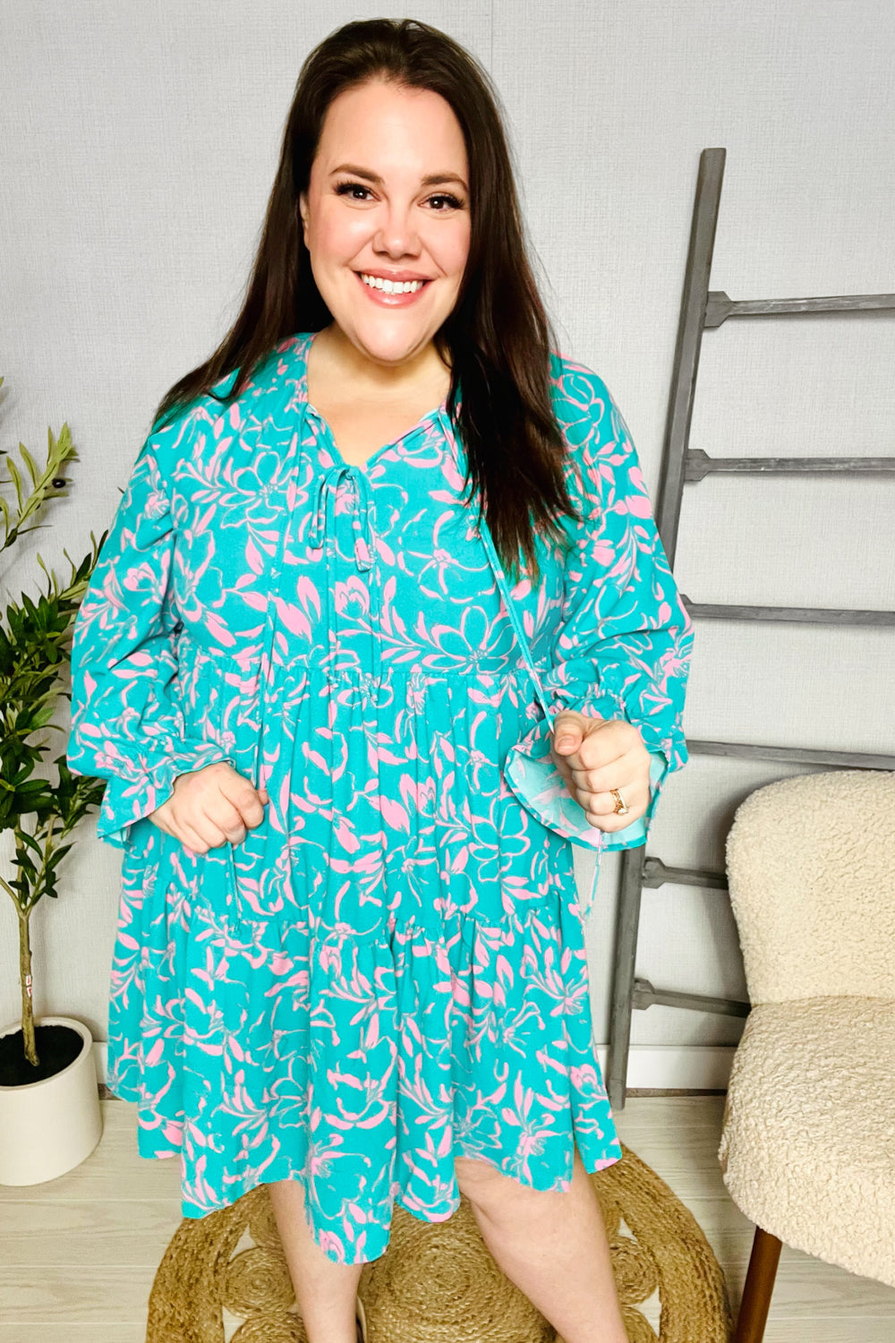 Boho Romance Mint Floral Print Front Ribbon Bow Tiered Dress - Charming Charlie