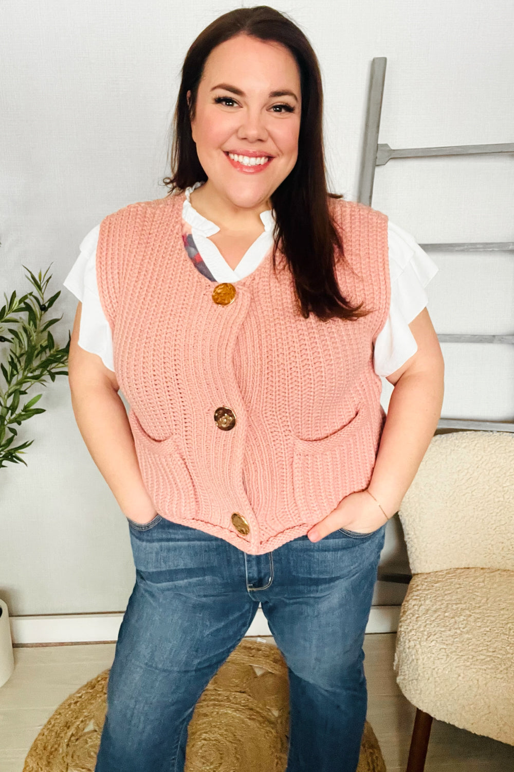 Classy Chic Gold Button Down Chunky Sweater Vest - Charming Charlie