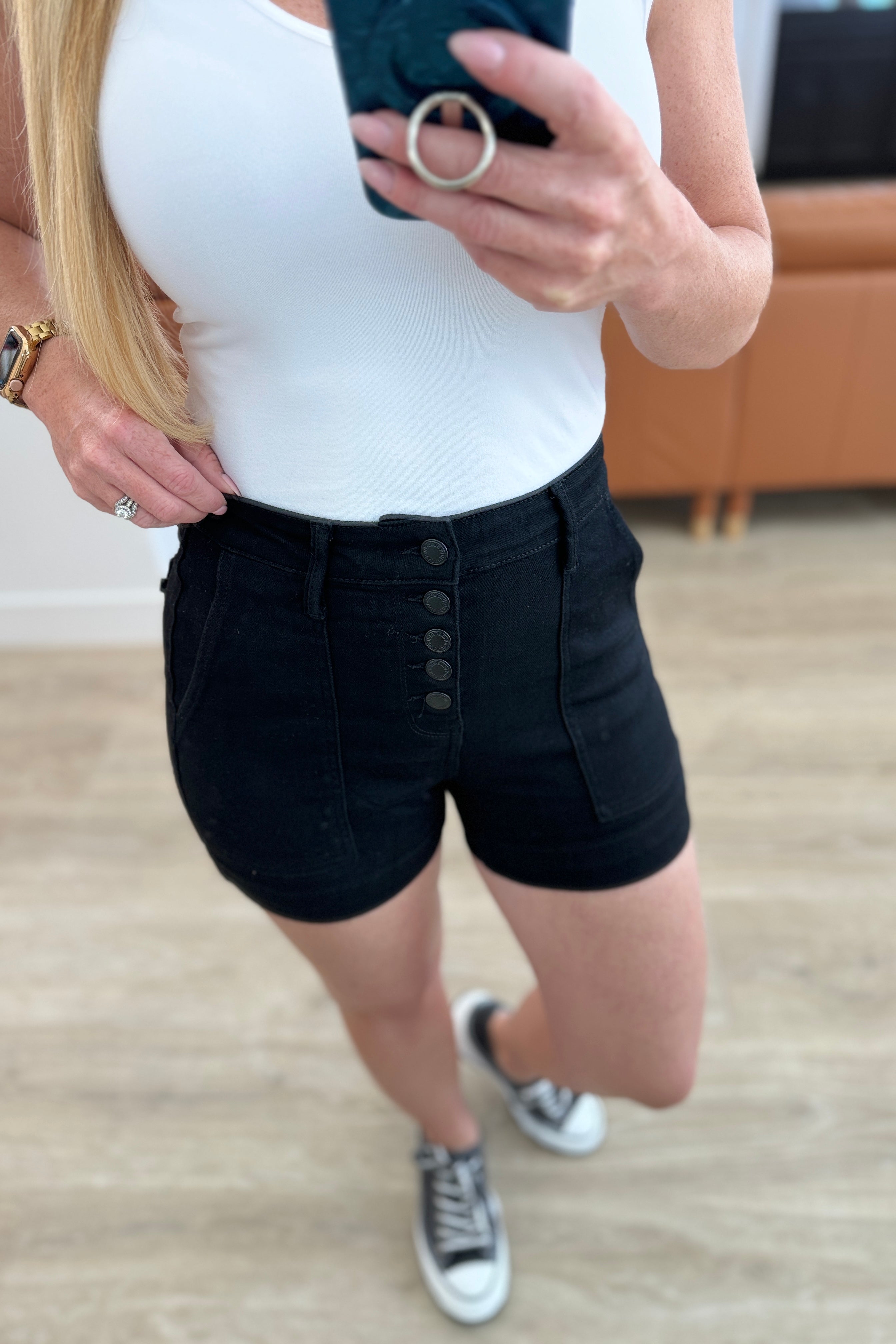 Reagan High Rise Button Fly Trouser Shorts - Charming Charlie