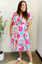 Hello Beautiful Ivory & Fuchsia Floral Sequin Smock Waist Midi Dress - Charming Charlie