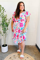 Hello Beautiful Ivory & Fuchsia Floral Sequin Smock Waist Midi Dress - Charming Charlie
