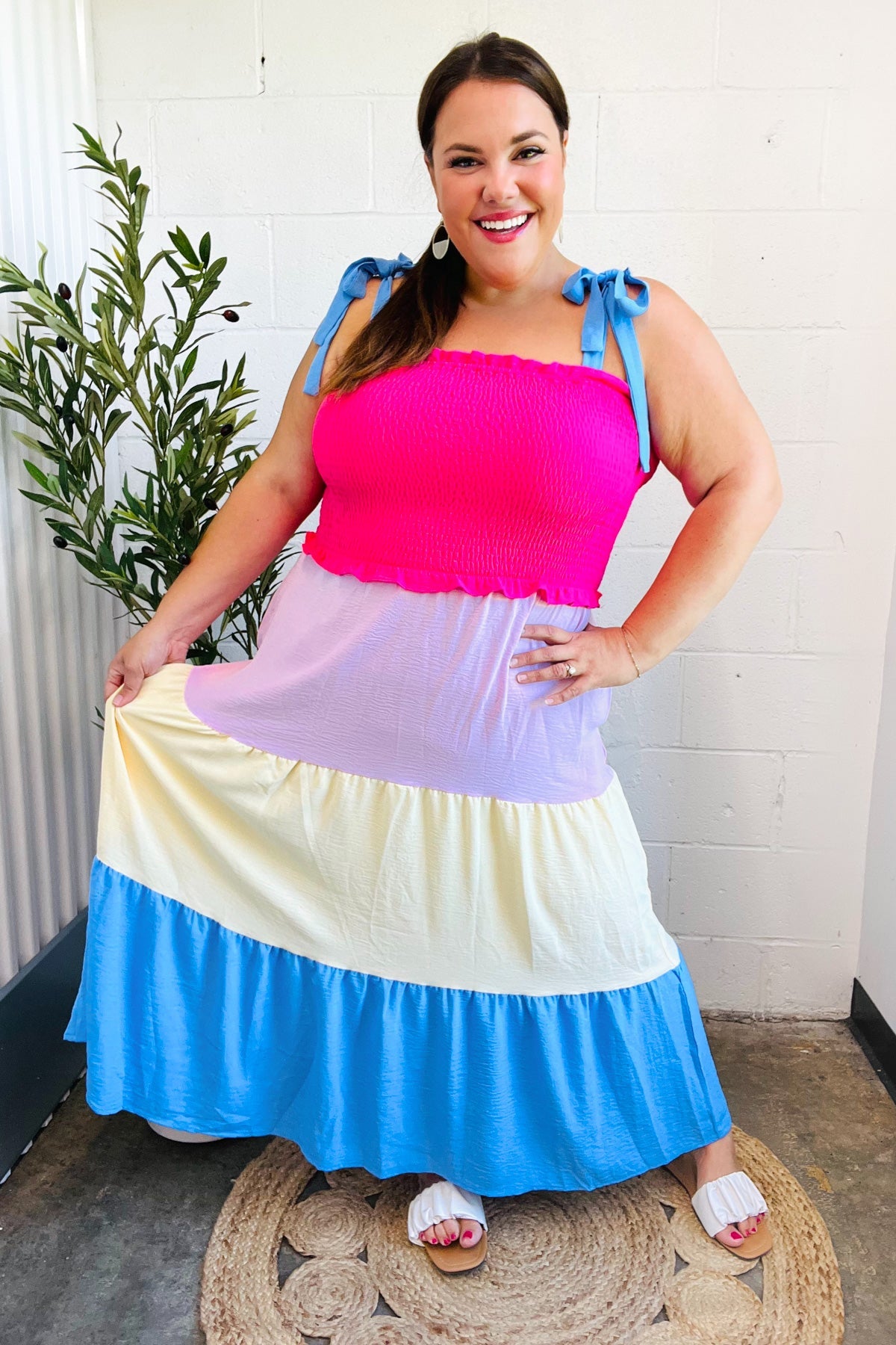 Vacay Vibes Hot Pink & Blue Smocked Color Block Maxi Dress - Charming Charlie