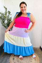 Vacay Vibes Hot Pink & Blue Smocked Color Block Maxi Dress - Charming Charlie