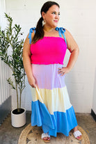 Vacay Vibes Hot Pink & Blue Smocked Color Block Maxi Dress - Charming Charlie