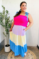 Vacay Vibes Hot Pink & Blue Smocked Color Block Maxi Dress - Charming Charlie