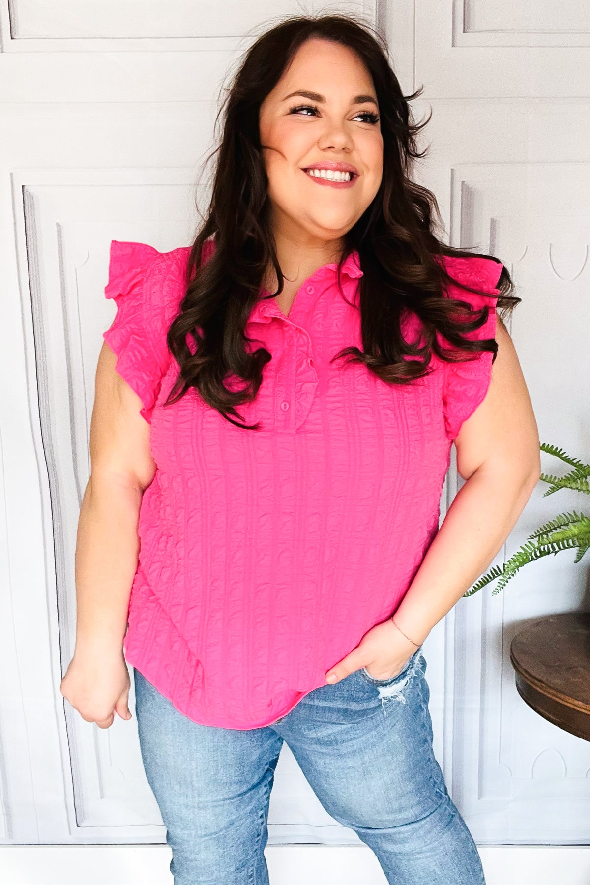 Glamorous In Hot Pink Textured Ruffle Mock Neck Top – Charming Charlie