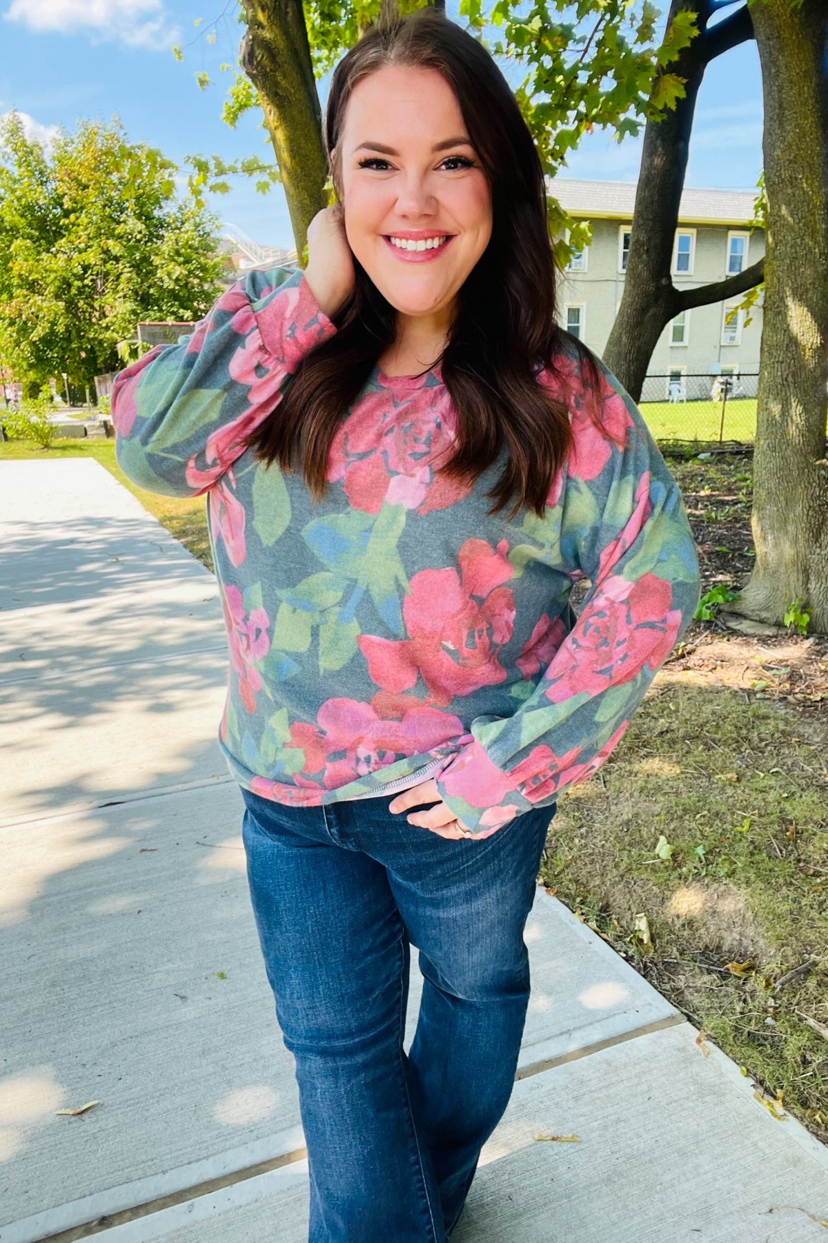 Everyday Hunter Green Floral Brushed Hacci Sweater Top – Charming