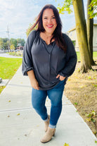 Versatile Charcoal Front Tie Modal Knit Peasant Top - Charming Charlie