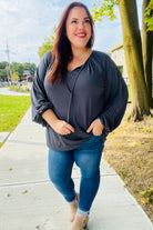 Versatile Charcoal Front Tie Modal Knit Peasant Top - Charming Charlie