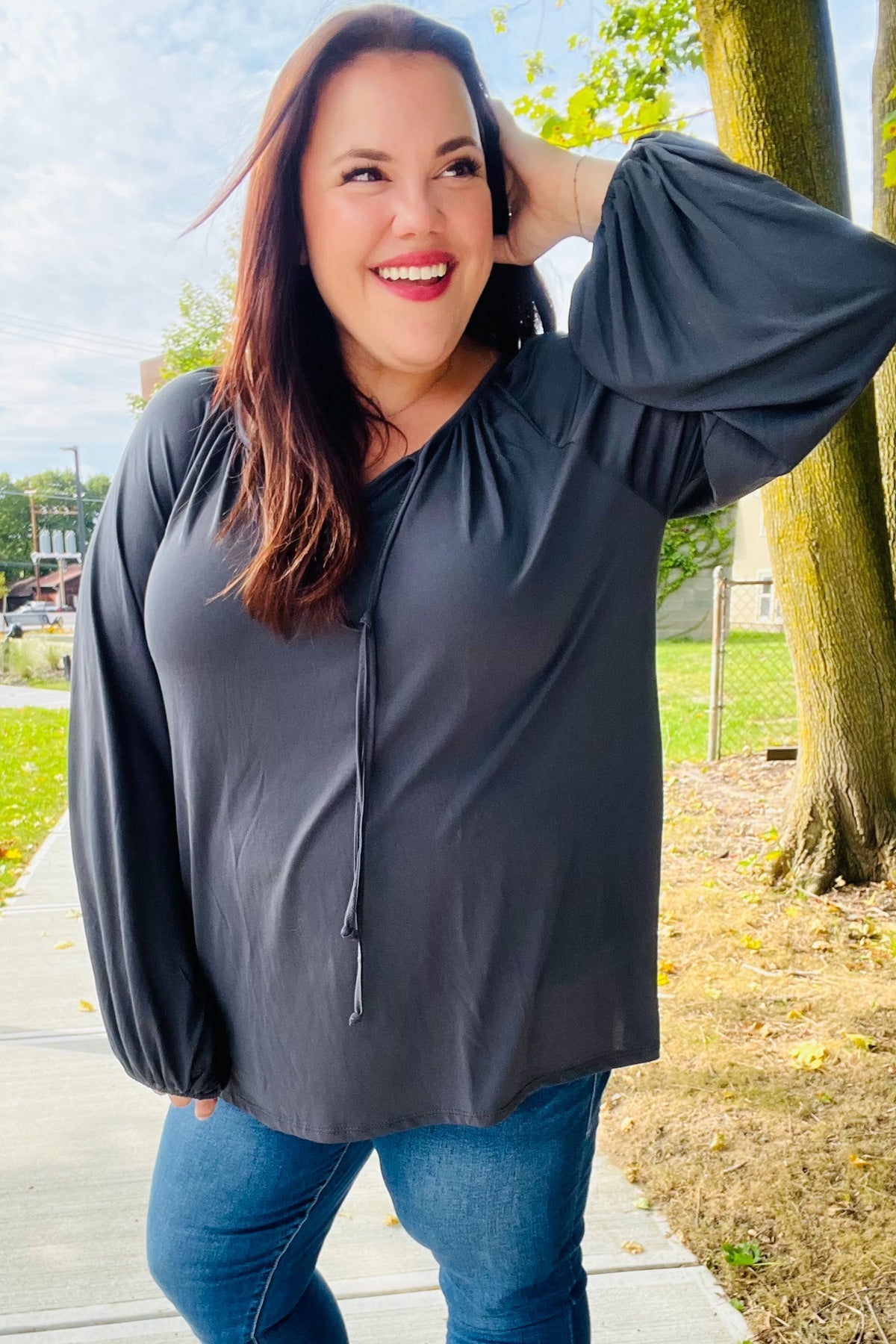 Versatile Charcoal Front Tie Modal Knit Peasant Top - Charming Charlie