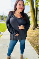 Versatile Charcoal Front Tie Modal Knit Peasant Top - Charming Charlie
