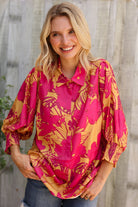 Elegant In Fuchsia Satin Button-Down Smock Long Sleeve Blouse - Charming Charlie