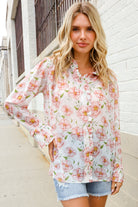 The Feminine Touch Chiffon Button-Down Floral Ruffle Sleeve Blouse - Charming Charlie
