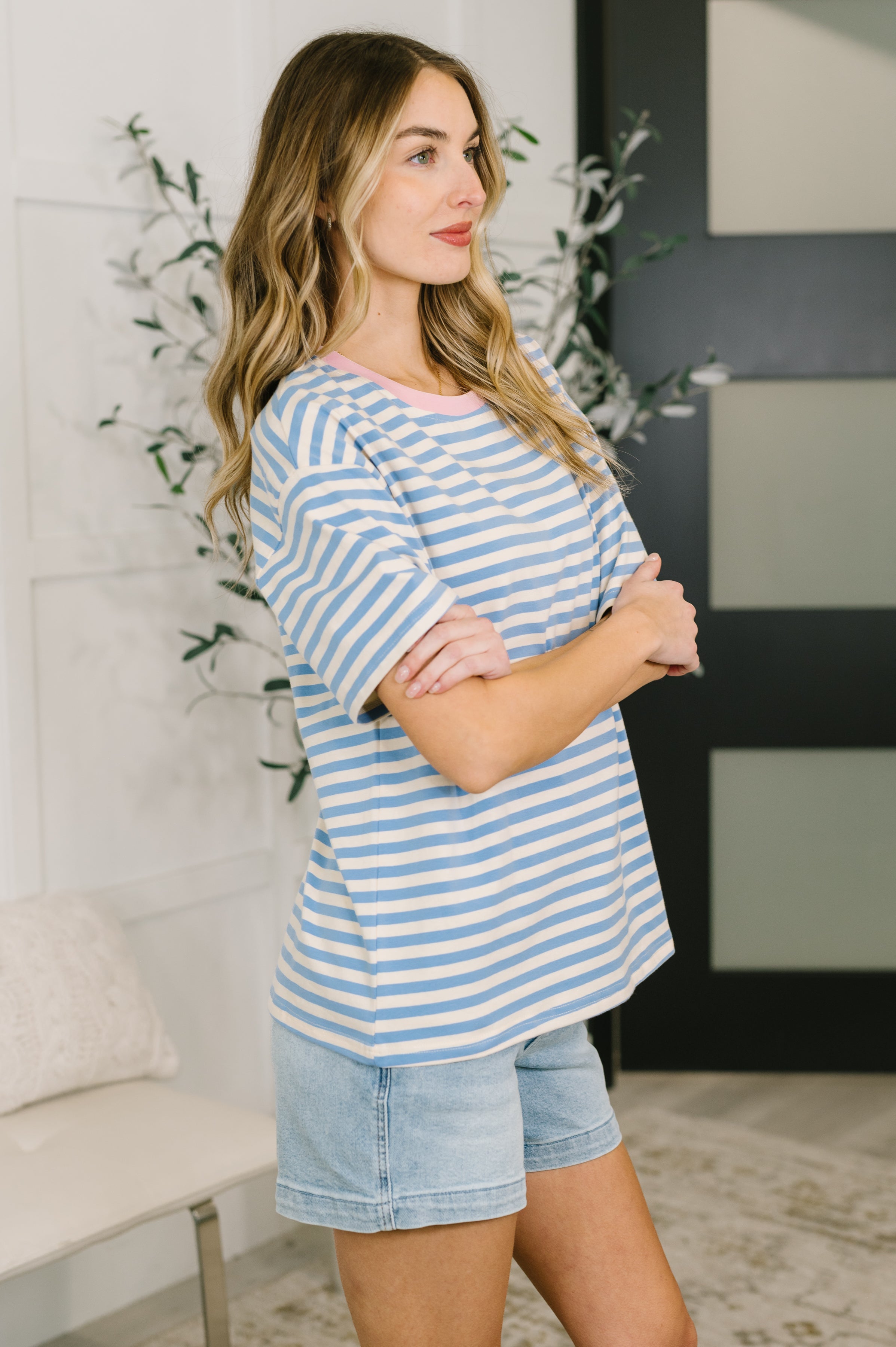 I Think I'm in Love Round Neck Loose Tee in Blue and Pink - Charming Charlie