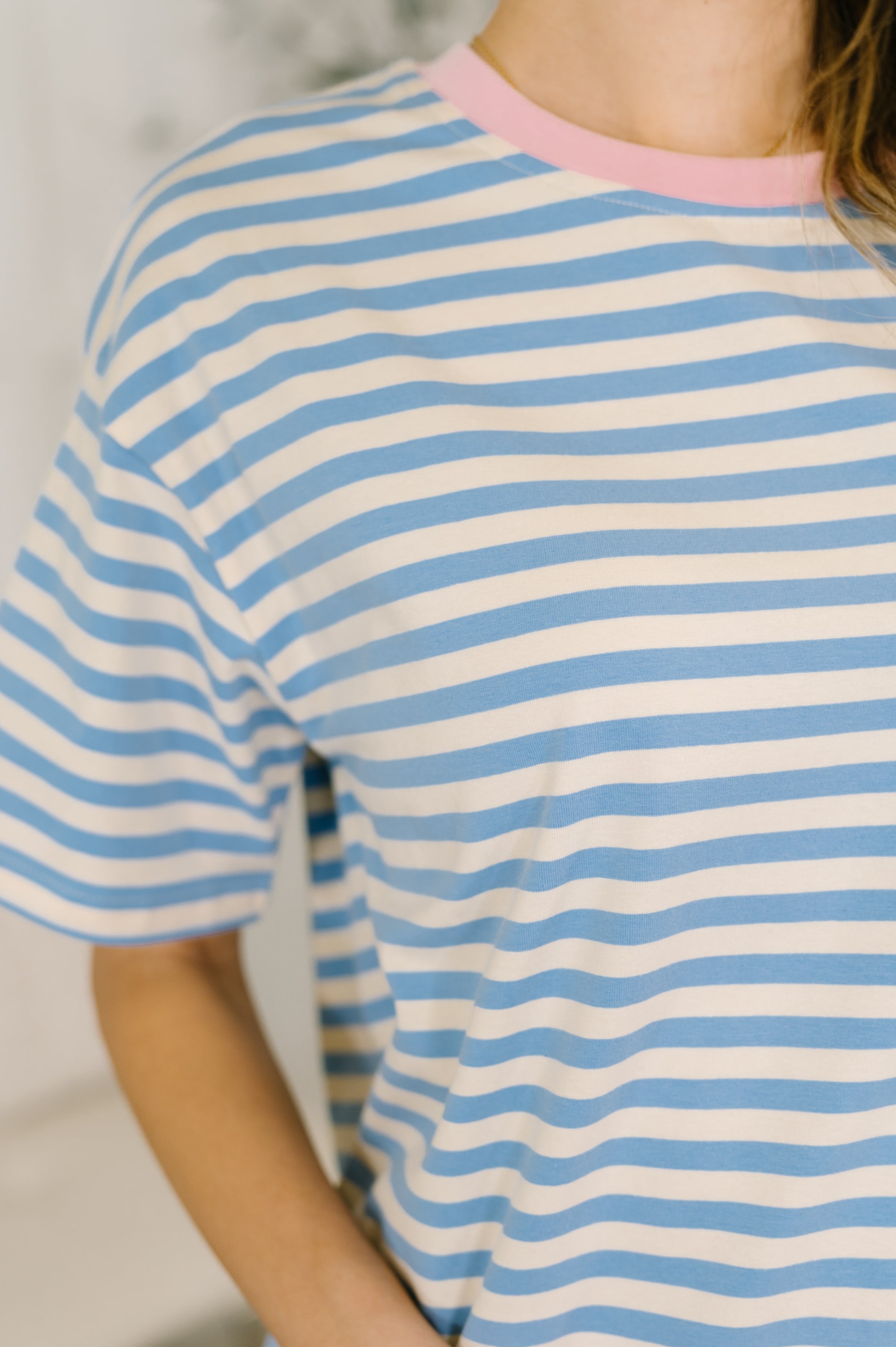 I Think I'm in Love Round Neck Loose Tee in Blue and Pink - Charming Charlie