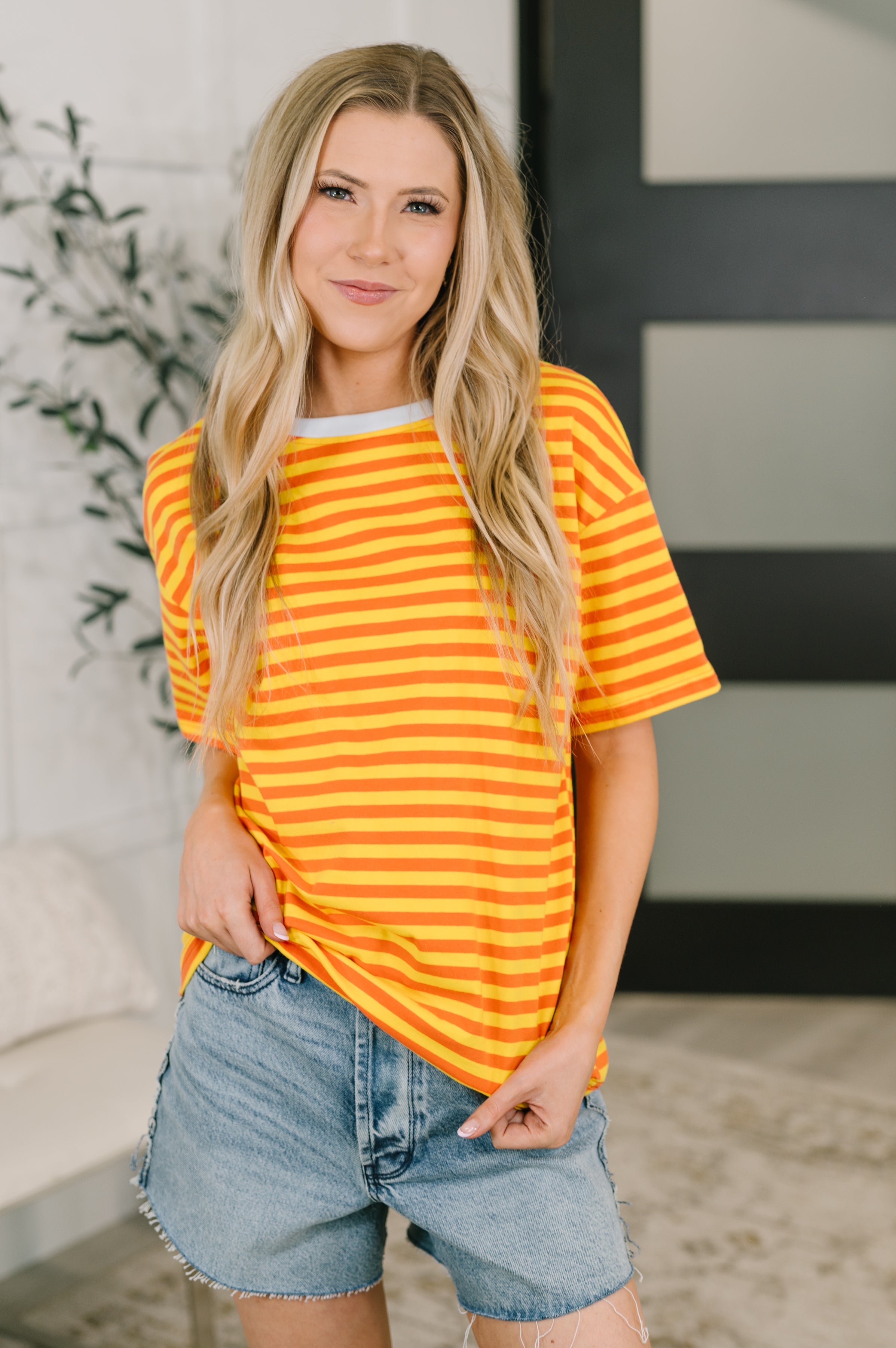 I Think I'm in Love Round Neck Loose Tee in Orange and Yellow - Charming Charlie