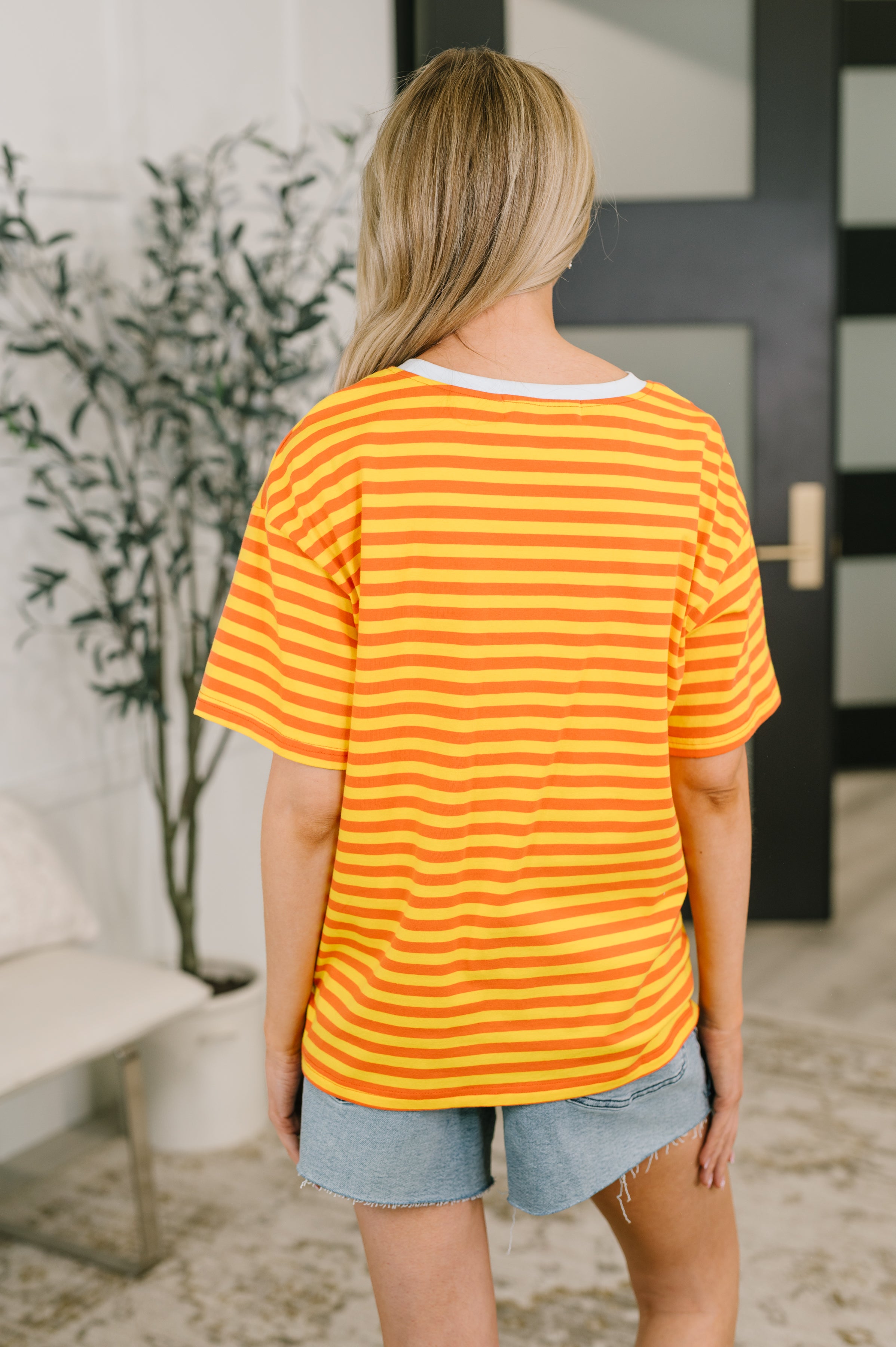 I Think I'm in Love Round Neck Loose Tee in Orange and Yellow - Charming Charlie