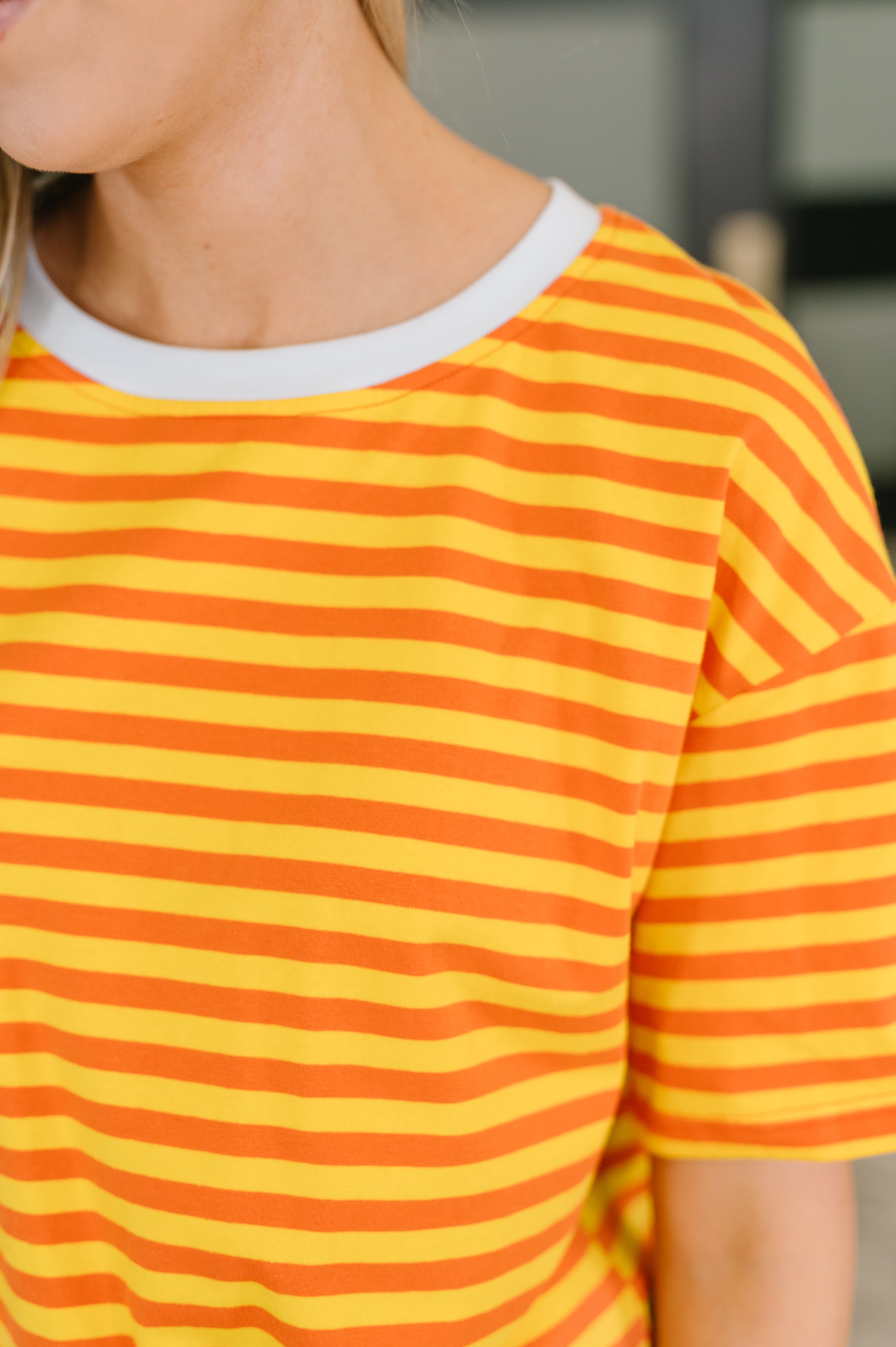 I Think I'm in Love Round Neck Loose Tee in Orange and Yellow - Charming Charlie