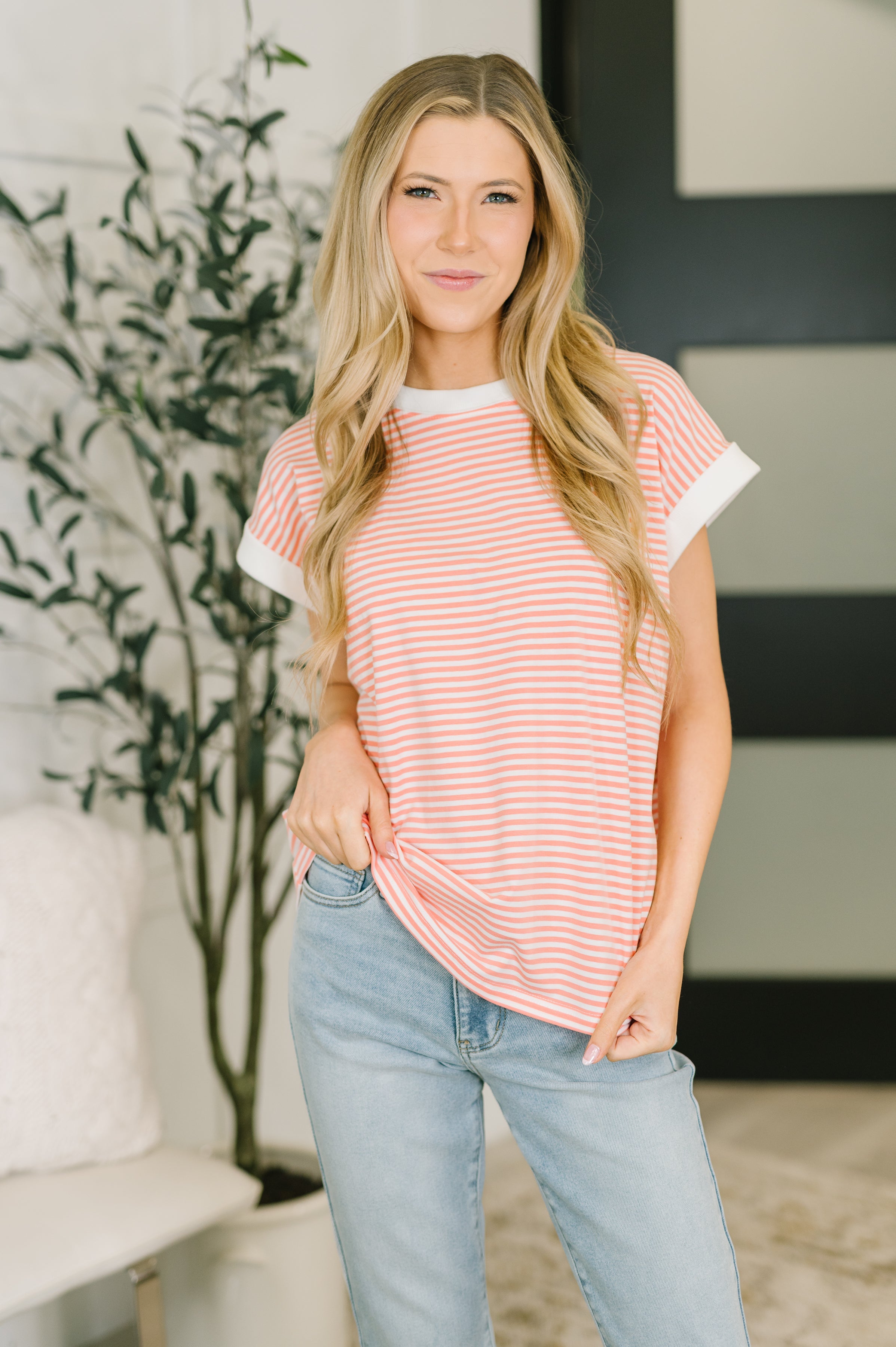 I Wouldn't Mind Short Sleeve Top in Coral - Charming Charlie
