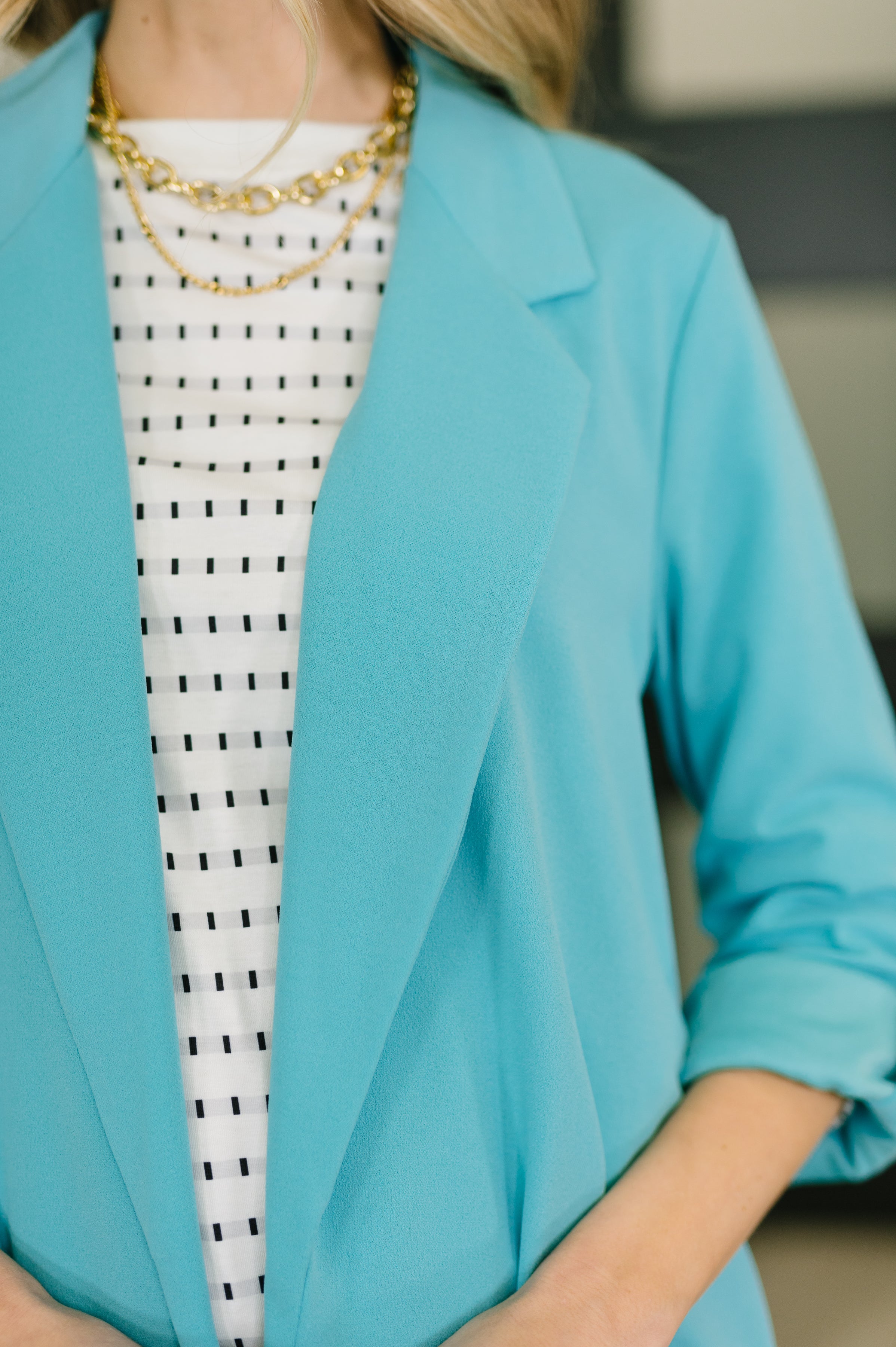 I'm Really That Gal Open Front Blazer in Aqua - Charming Charlie