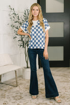 I've Been Everywhere Crew Neck Checkered Top in Blue - Charming Charlie