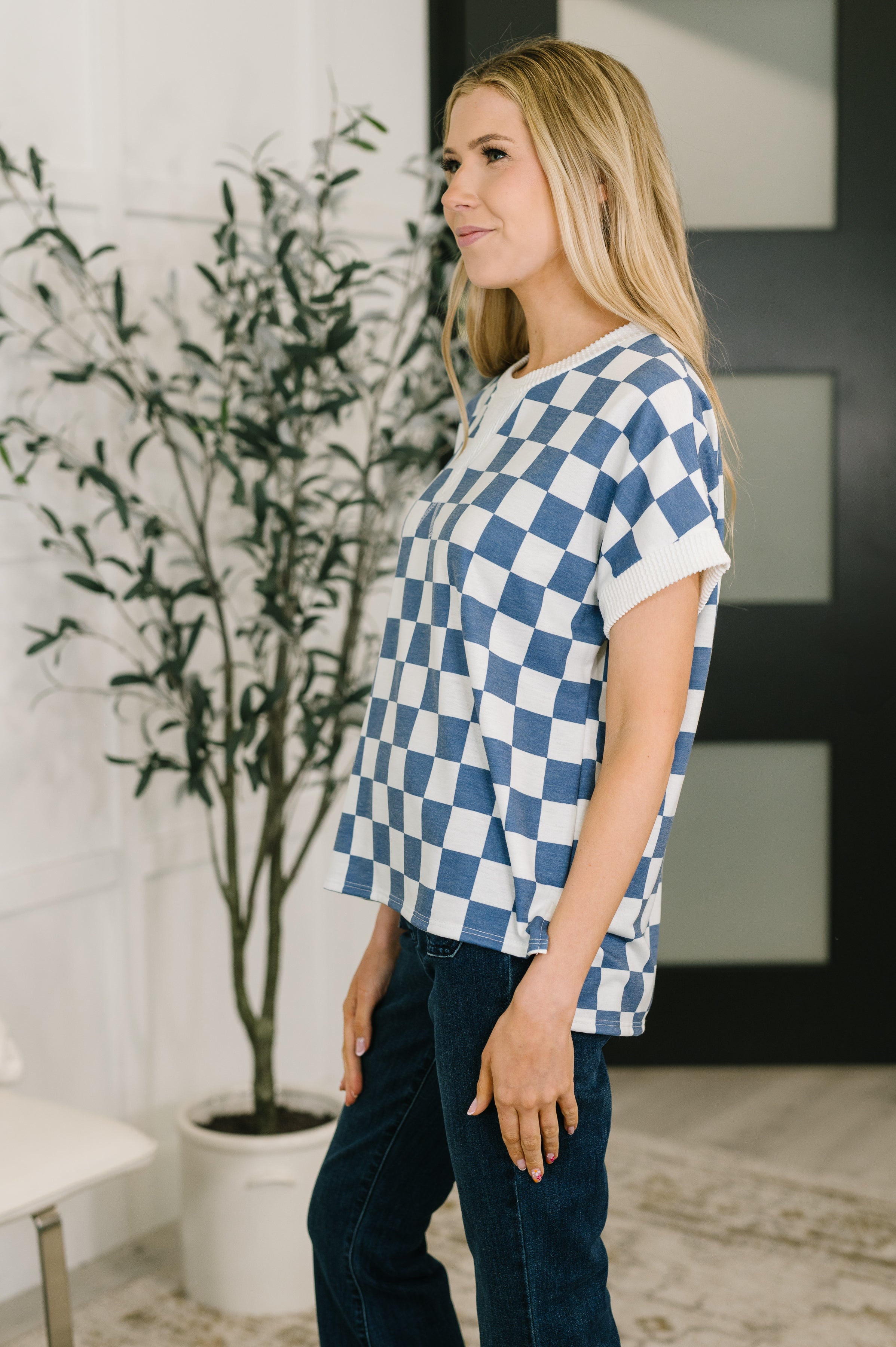 I've Been Everywhere Crew Neck Checkered Top in Blue - Charming Charlie