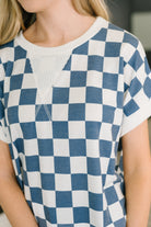 I've Been Everywhere Crew Neck Checkered Top in Blue - Charming Charlie