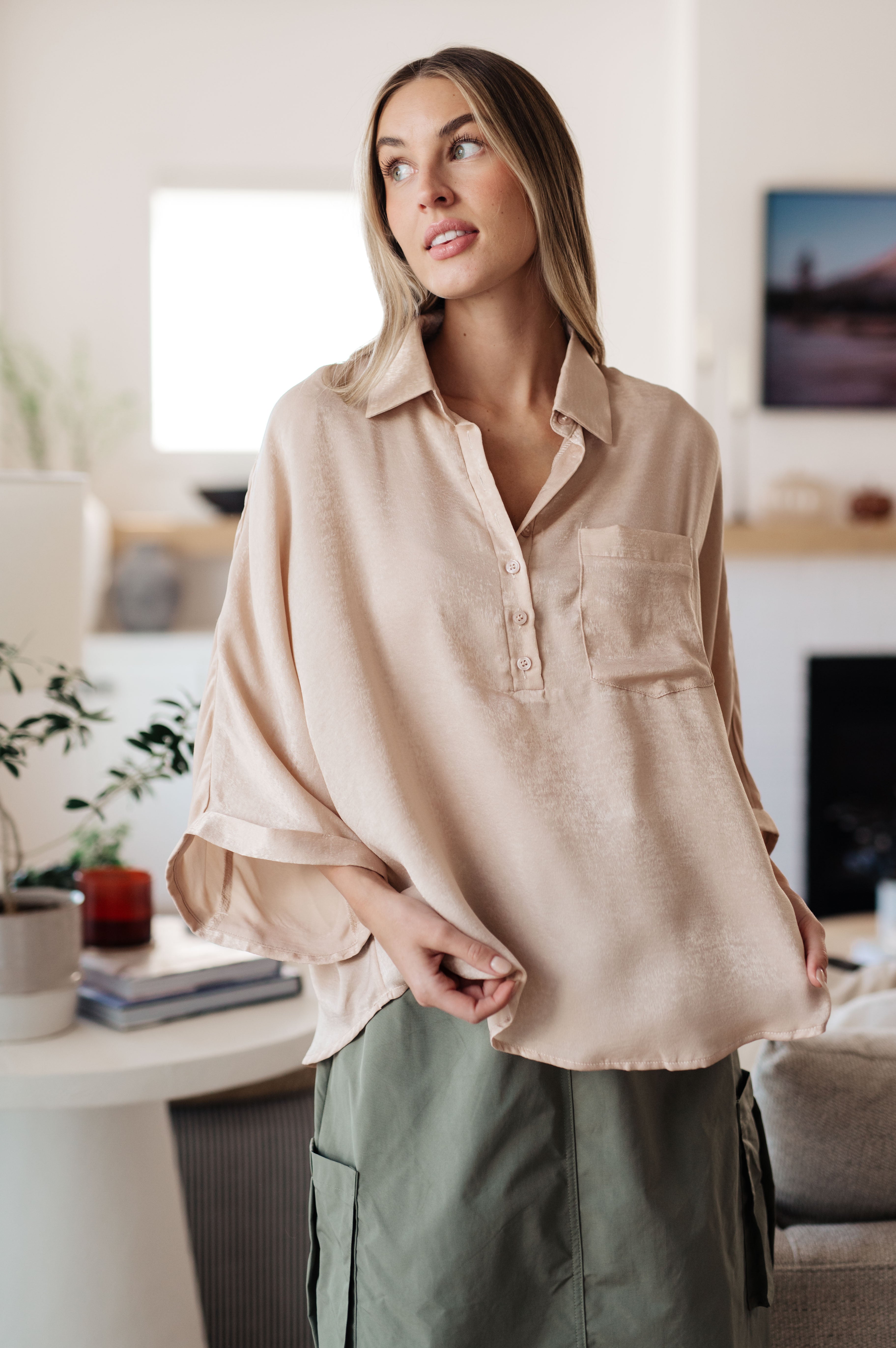 In Your Thoughts Oversized Dolman Sleeve Top in Champagne - Charming Charlie