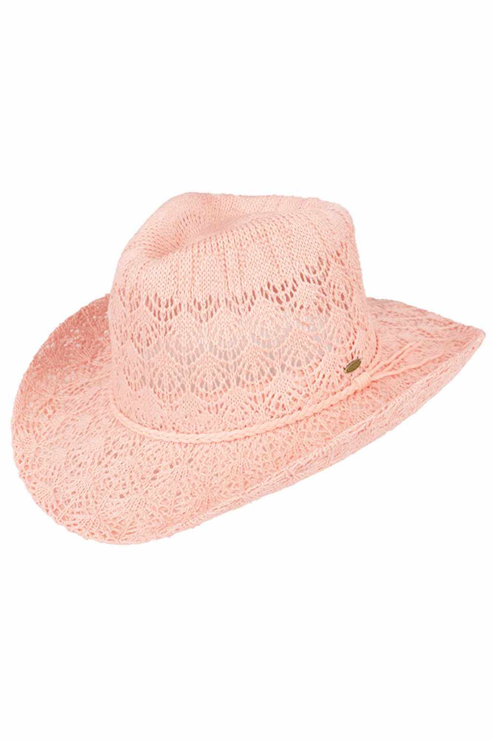 Indi Pink C.C. Horseshoe Lace Knitting Cowboy Hat is expertly crafted with intricate lace details and a classic western design. Made with high-quality materials, it offers both style and functionality, perfect for any outdoor adventure. Keep the sun out of your eyes while adding a touch of elegance to your outfit.