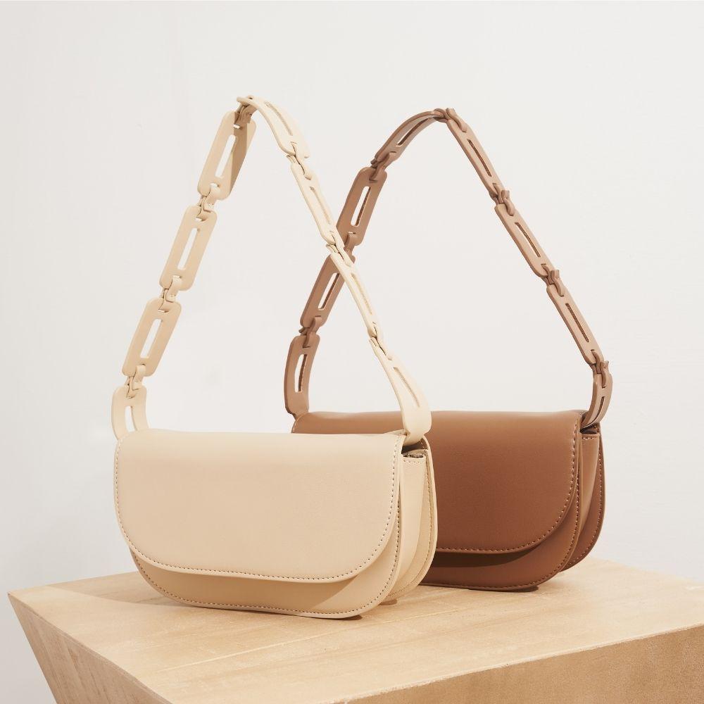 Melie Bianco Luxury Vegan Leather Inez Small Shoulder Bag in Bone and Tan.