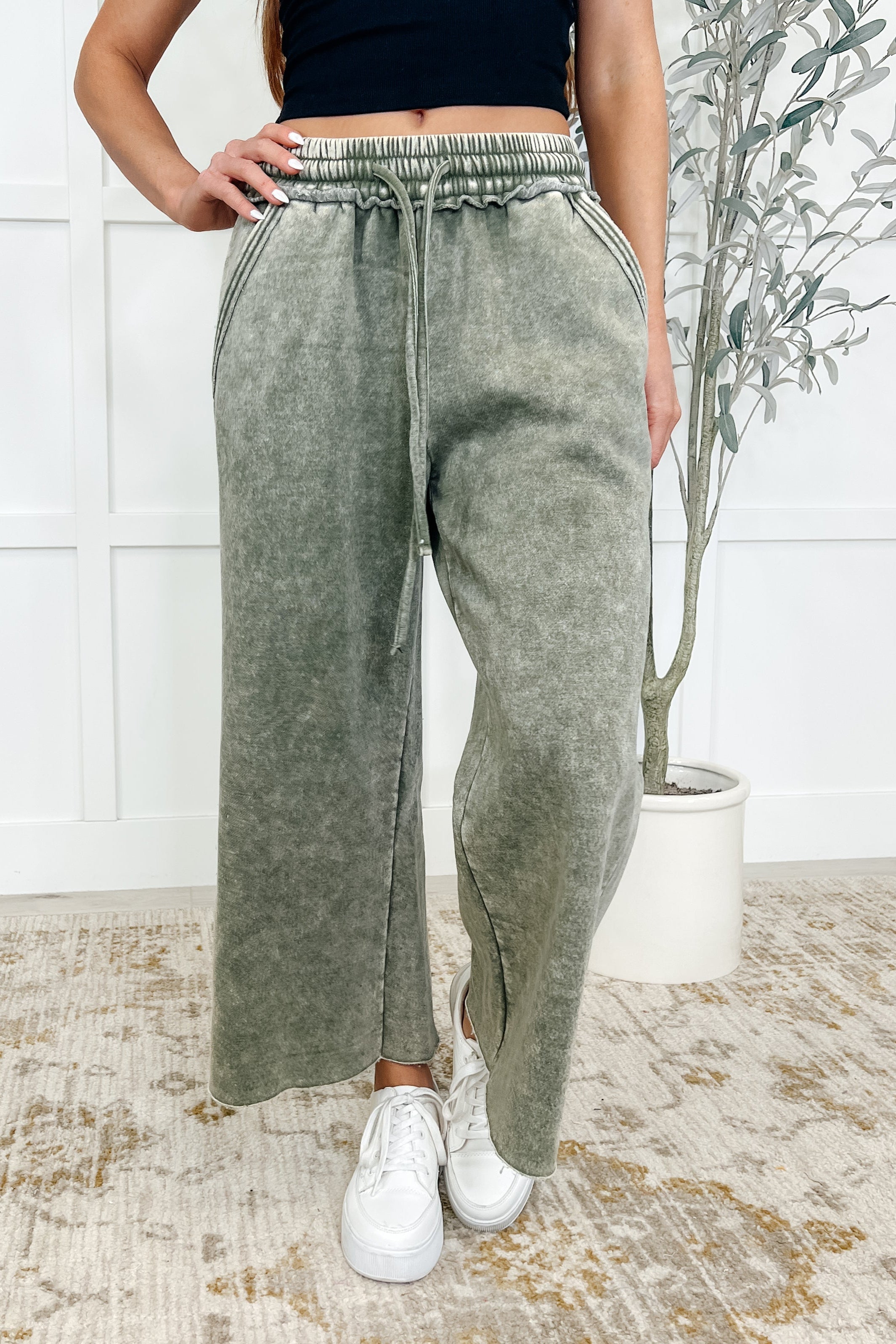 In or Out Wide Leg Cropped Pants Lt Olive - Charming Charlie