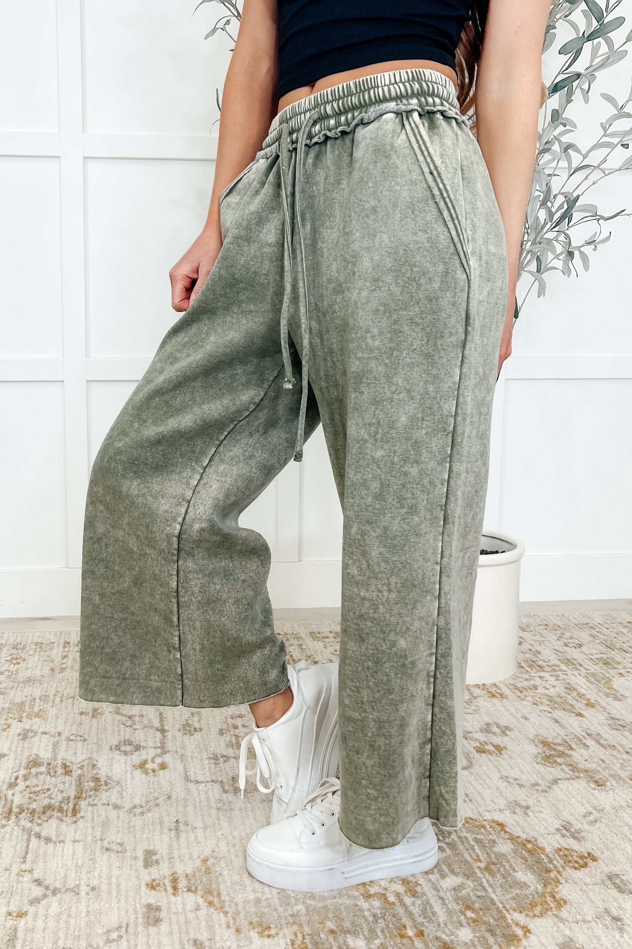 In or Out Wide Leg Cropped Pants Lt Olive - Charming Charlie