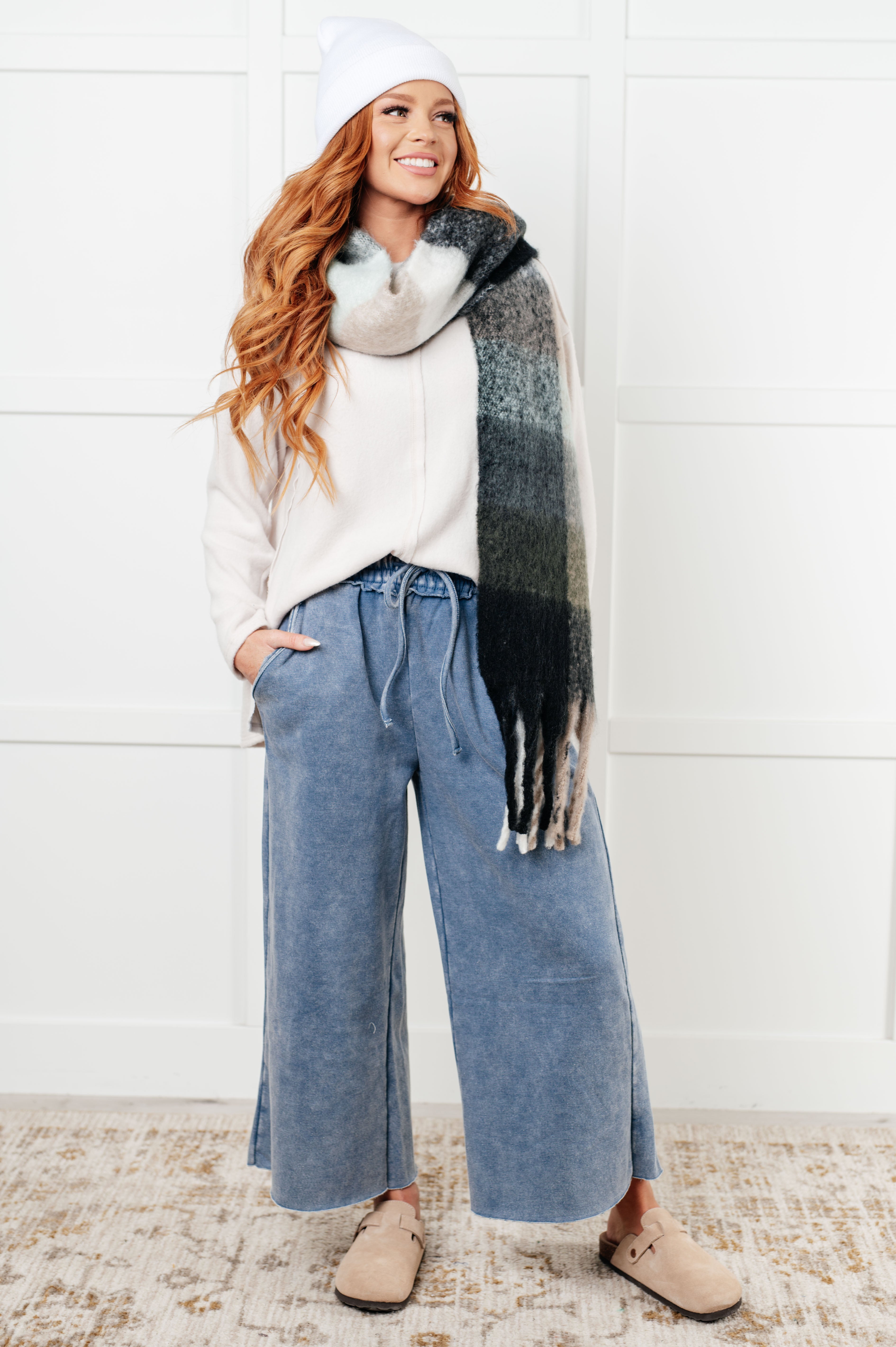 Wanderlust Wrap Oversized Plaid Fringe Scarf in Grey and Jade - Charming Charlie