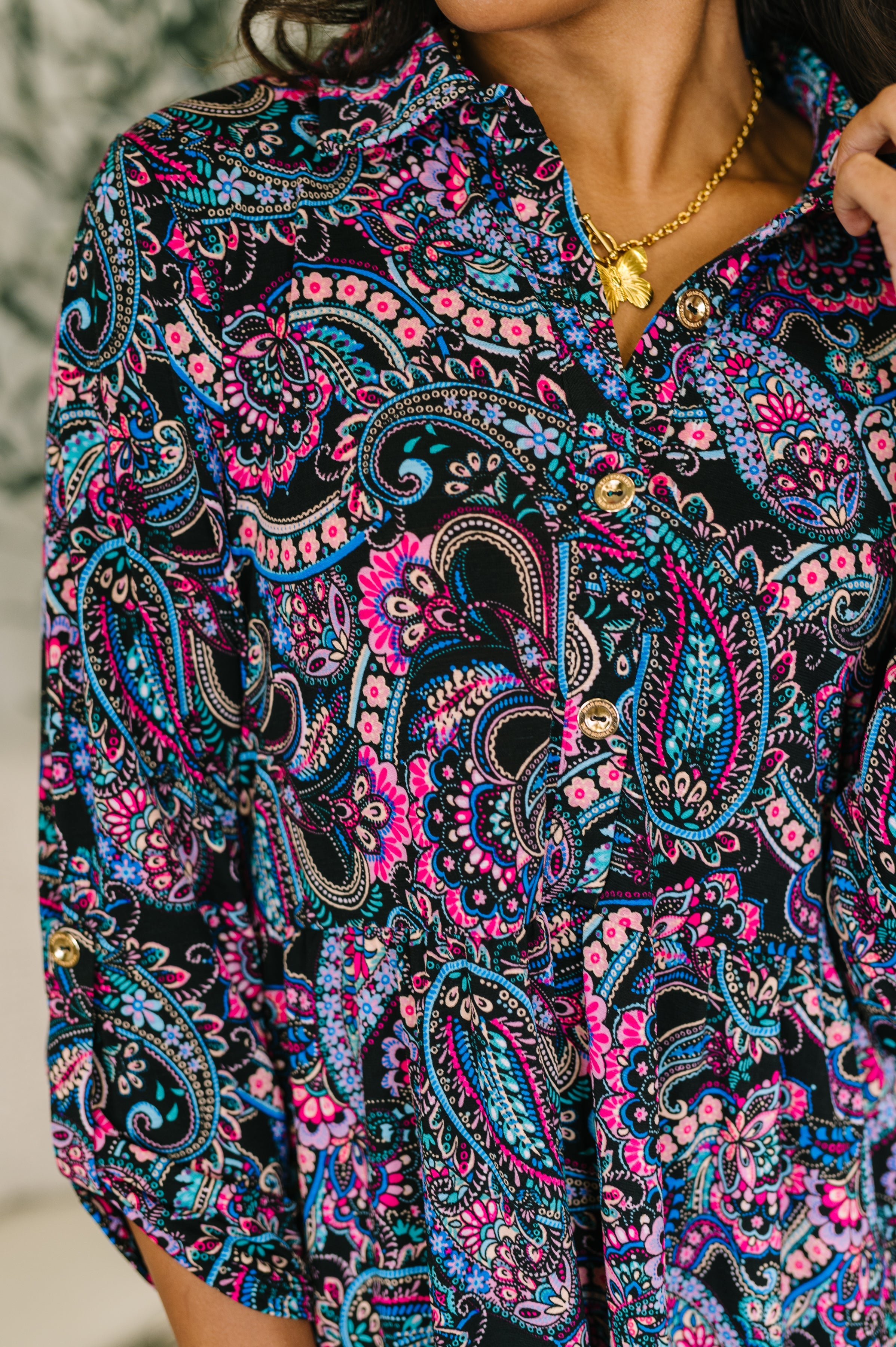 Inspire Collared Dress in Black and Cool Paisley - Charming Charlie