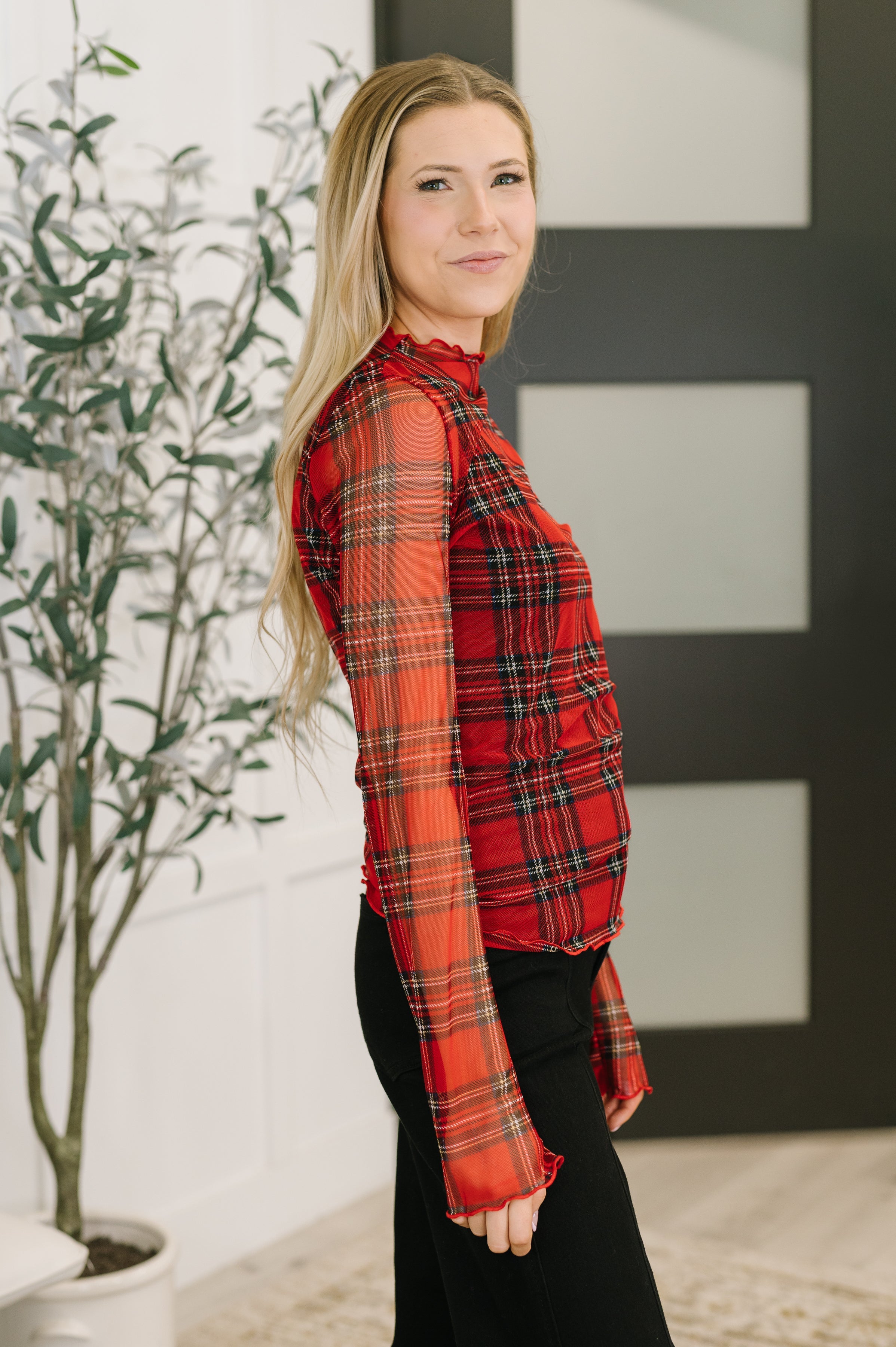 In the Present Plaid Mesh Layering Top in Red - Charming Charlie