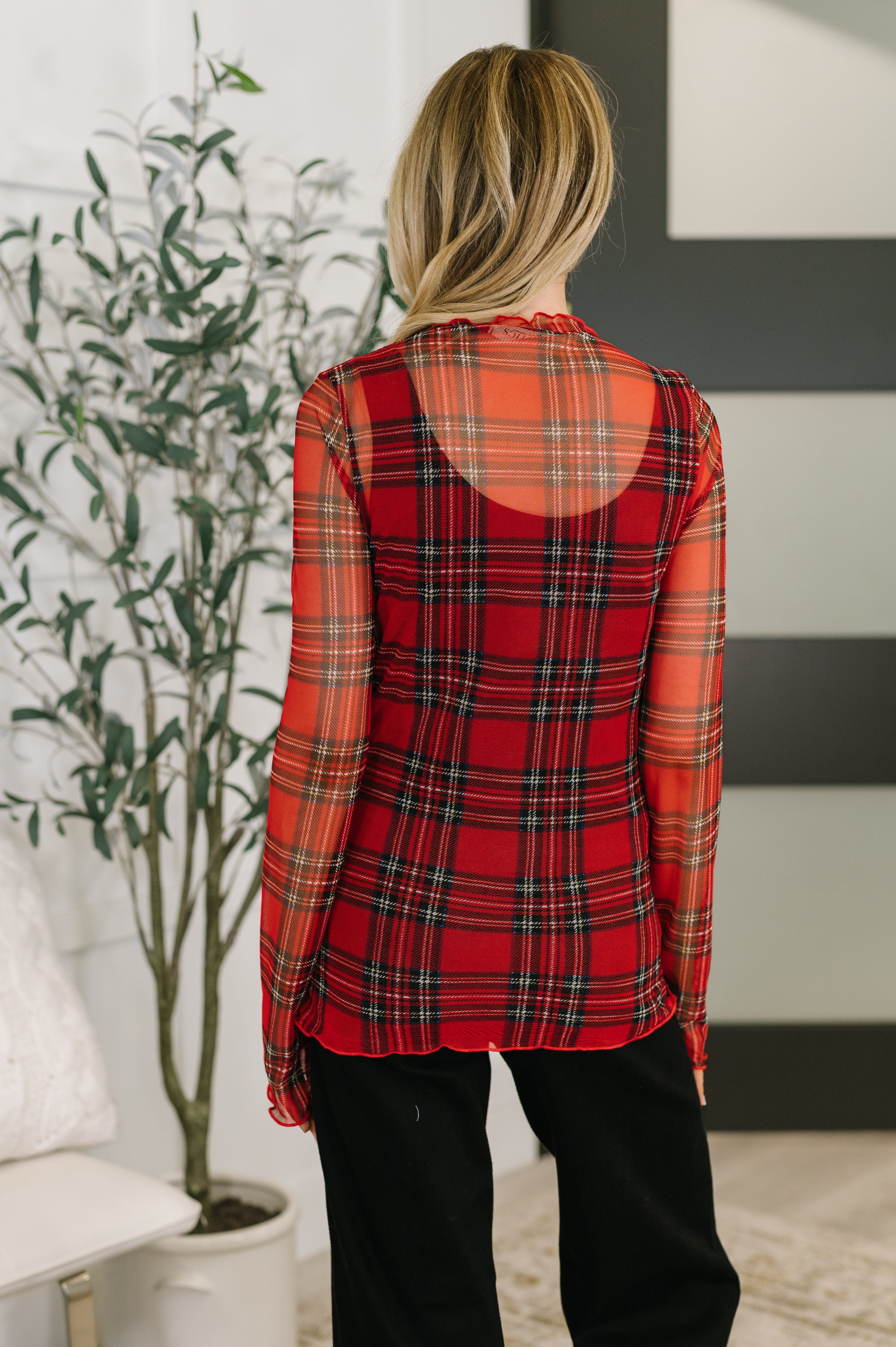 In the Present Plaid Mesh Layering Top in Red - Charming Charlie