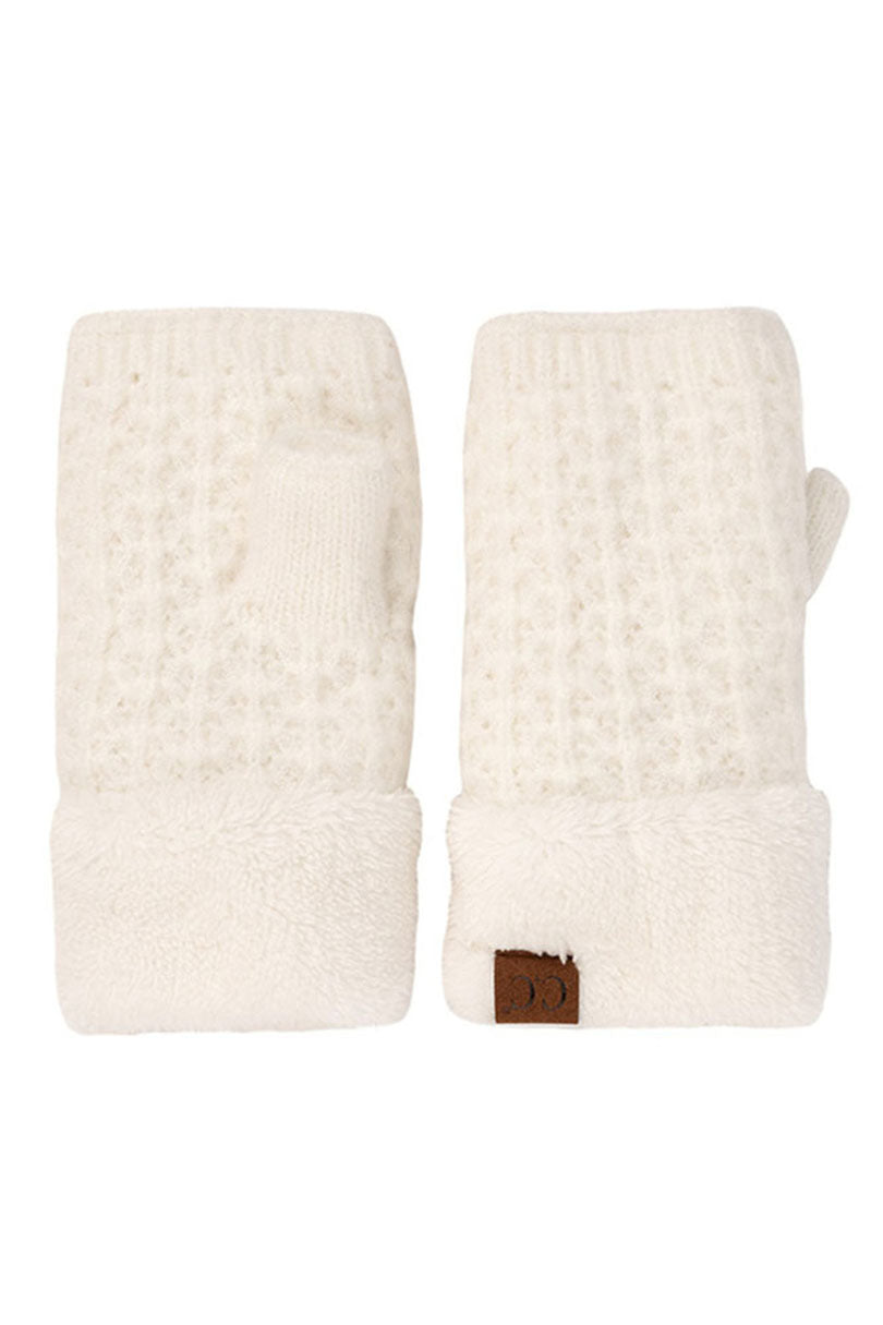 Ivory C.C Smocking Stitch Pattern Fingerless Gloves. Comfortable, soft brushed poly stretch knit, finished with a hint of stretch for comfort and flexibility. Wear as fingerless gloves or cover up as mitten, either way you will love these glitters in soft neutral colors. Perfect Gift Birthday, Christmas, Stocking Stuffer, Secret Santa, Holiday, Anniversary, Valentine's Day, Loved One.