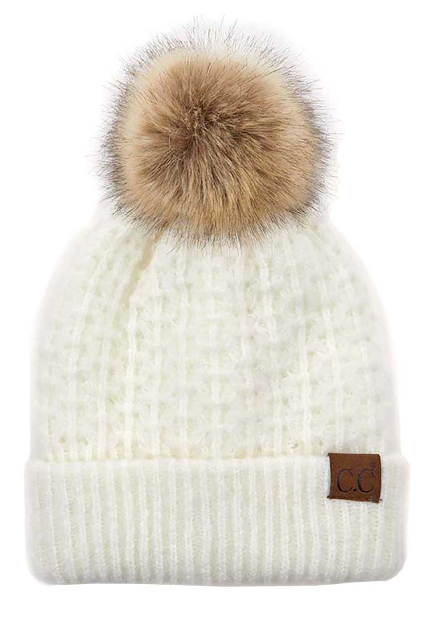 Ivory C.C Smocking Stitch Pattern Pom Beanie Hat, Warm Winter Beanie Hat; before running out the door into the cool air, you’ll want to reach for this toasty beanie to keep you incredibly warm. Comfortable beanie keep your head and ear warm during the winter. Awesome winter gift accessory!  This smocking stitch pattern pom beanie can be worn both casual and sophisticated wear and also perfect for outdoor fashion, including biking, camping, ice skating, snowboarding, running and more.