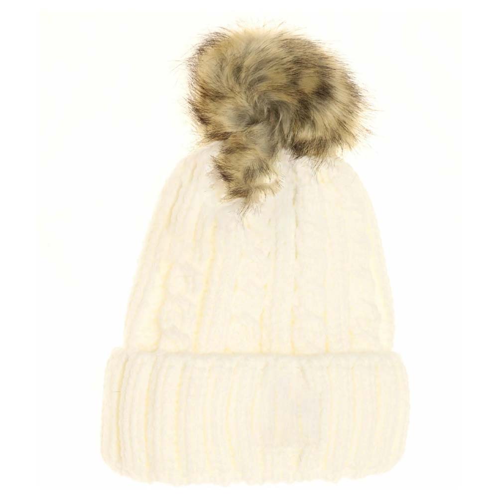 Ivory KIDS Cable Ribbed Fur Pom Beanie offers excellent warmth and comfort for children during cold weather. Made with a durable ribbed knit fabric, it fits snugly to retain heat while allowing breathability. The stylish fur pom adds an elegant touch, making it suitable for daily wear and outdoor activities. This beanie combines practical functionality with refined design, ensuring your child stays protected and looks great throughout the winter season. 