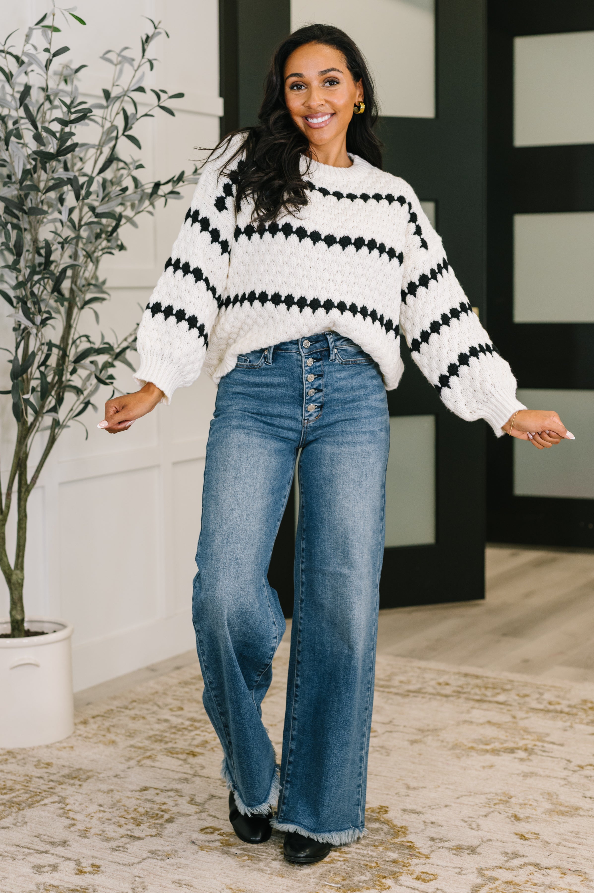 Ivy Lane Textured Sweater in White and Black - Charming Charlie